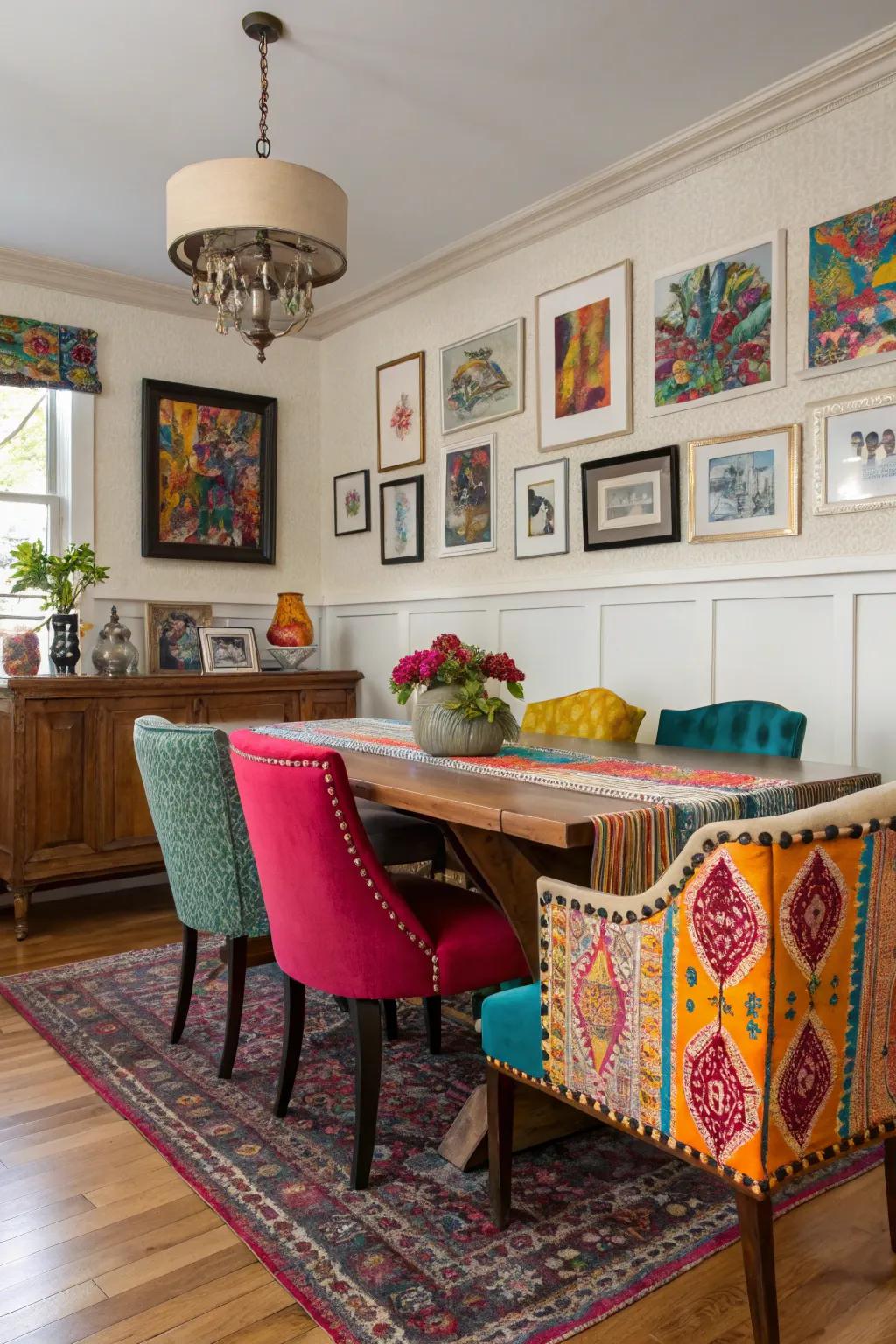 A diverse blend of shades infuses playful energy into the dining room.