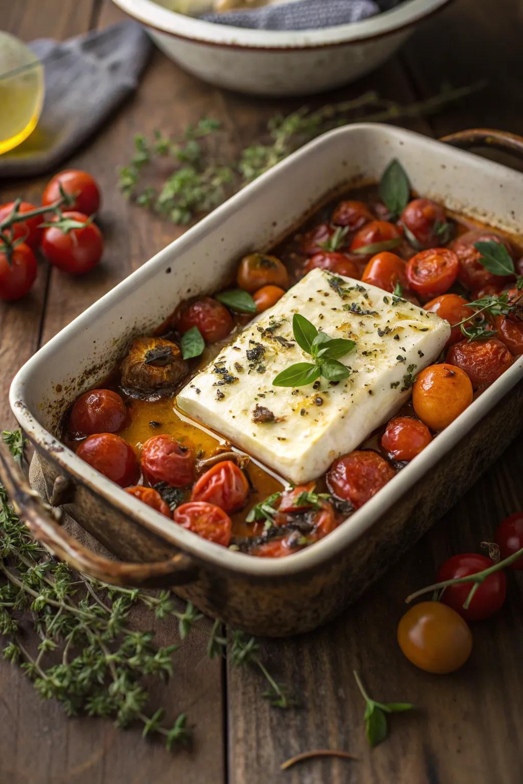 Baked cheese with cherry tomatoes, a Mediterranean delight.