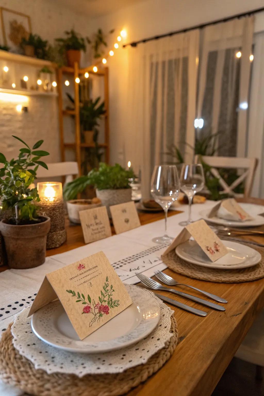 Handcrafted name cards impart a tailored feel to your table.