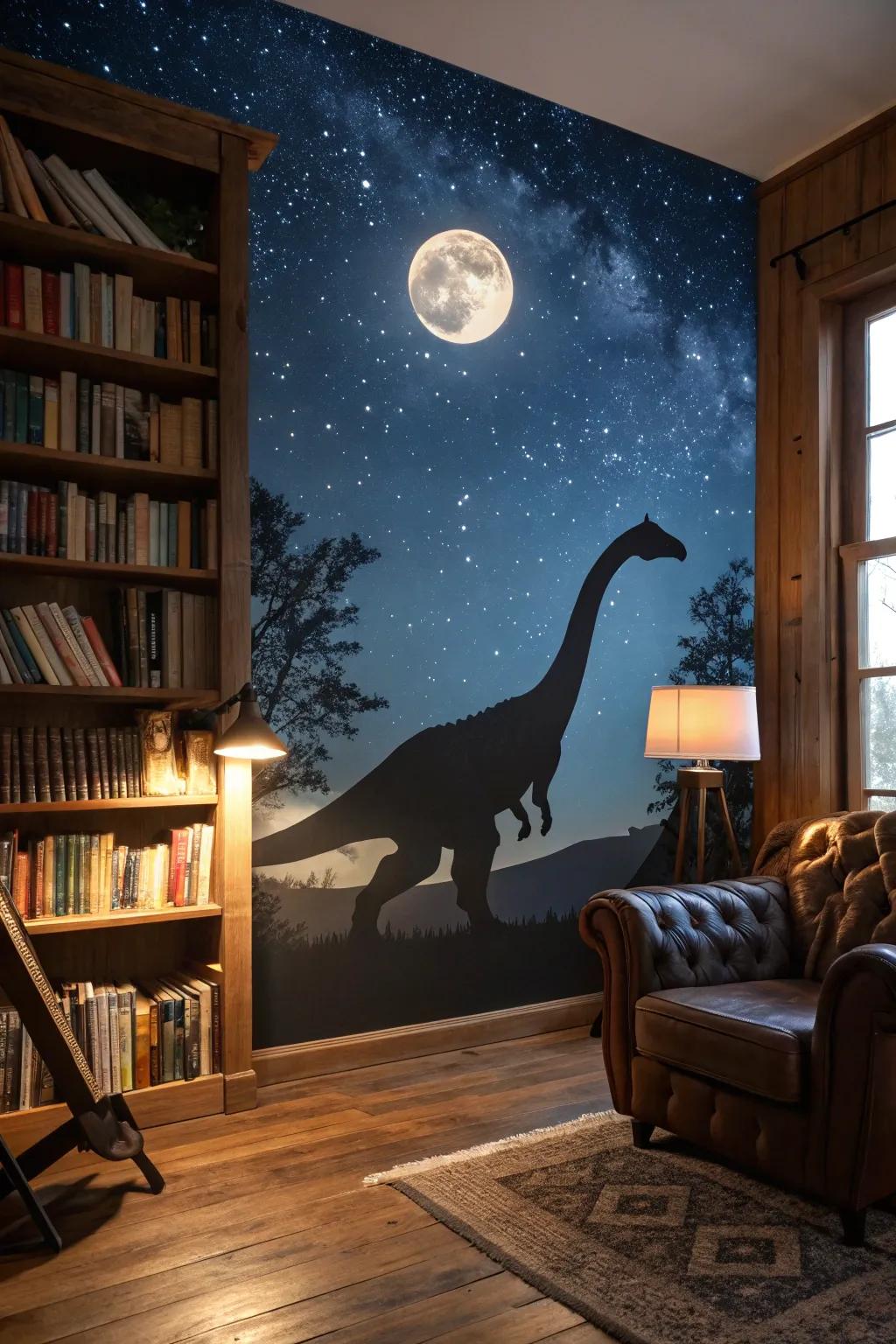 Enchanting dinosaur with moonlit background art