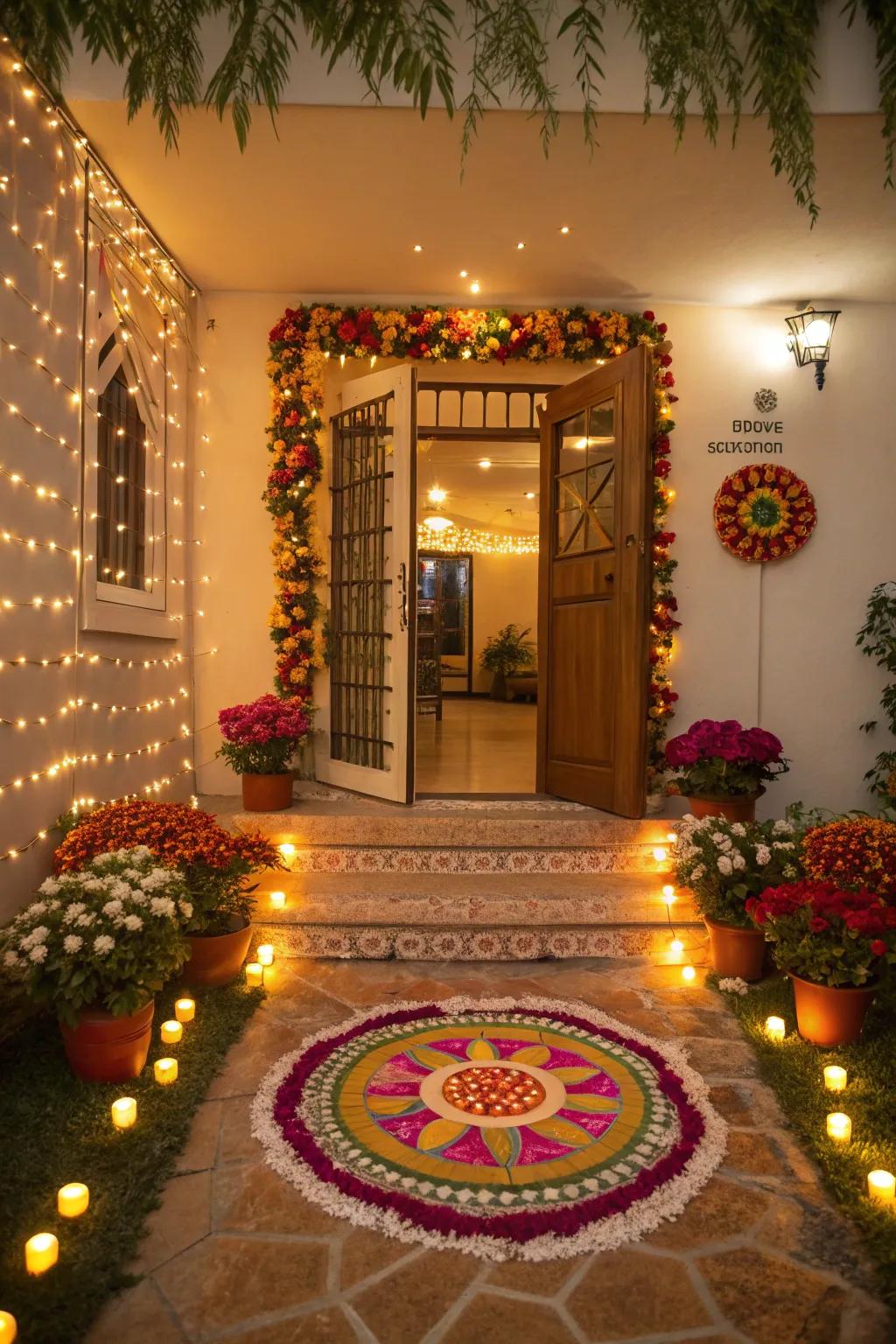 A vibrant entryway establishes the celebratory atmosphere.