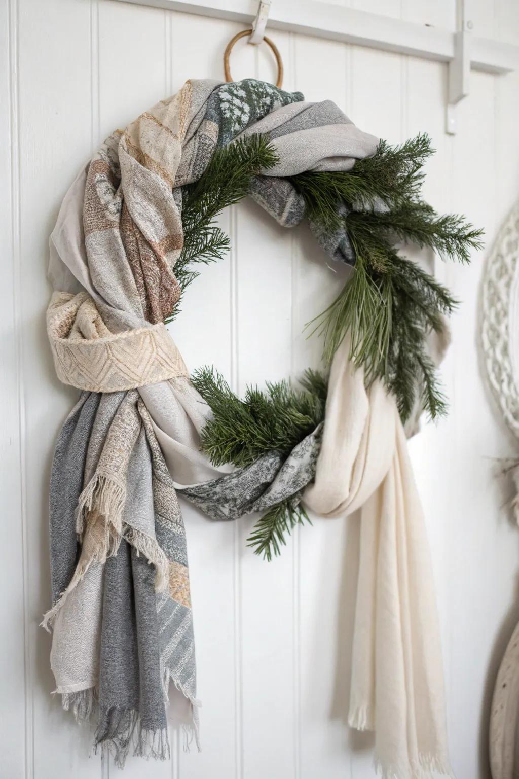 Embrace the ethos of upcycling through a textile-interwoven wreath that exudes inviting sophistication. 🎄✨