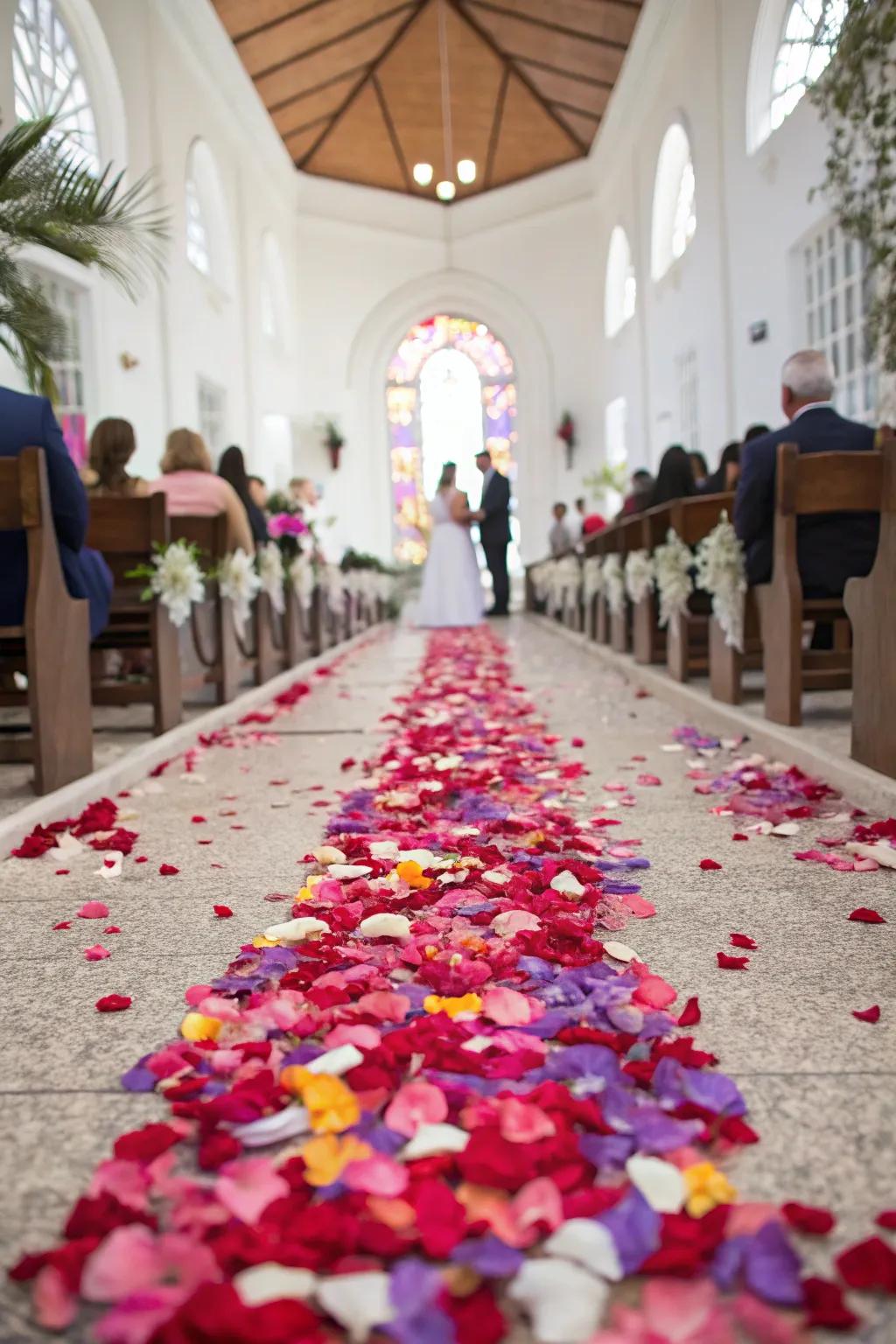 An aisle adorned with petals introduces a delicate and colorful dimension.