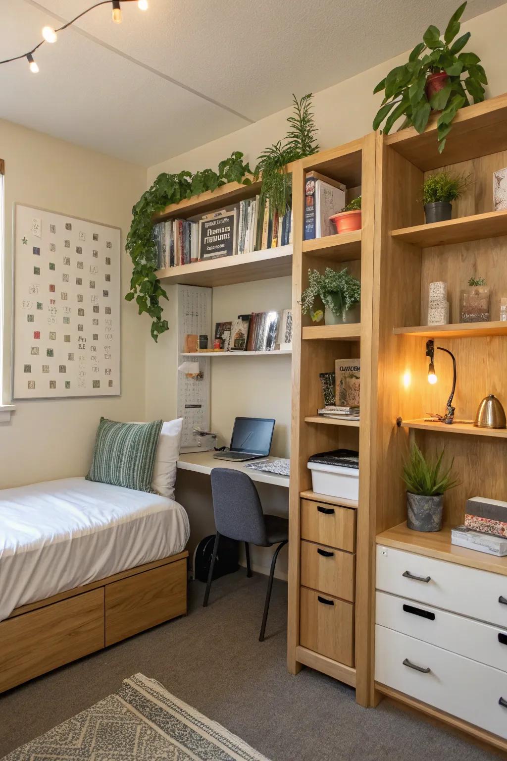 An organized university residence with effective storage solutions for a neat appearance.