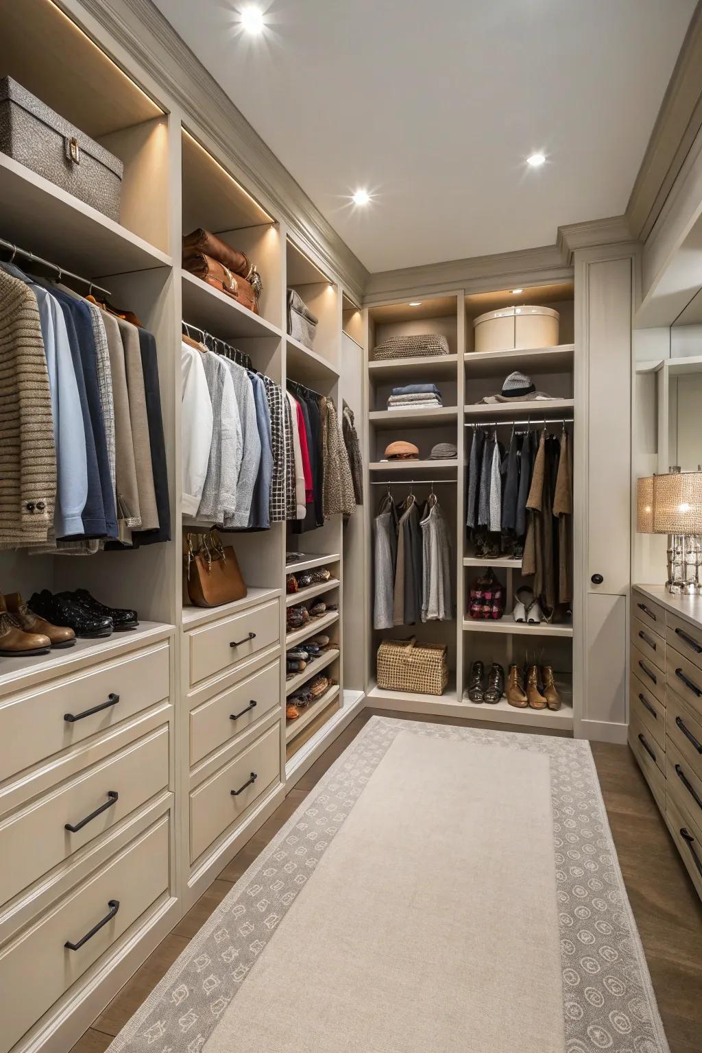 Walk-in features within a double closet provide a fusion of luxury and practicality.