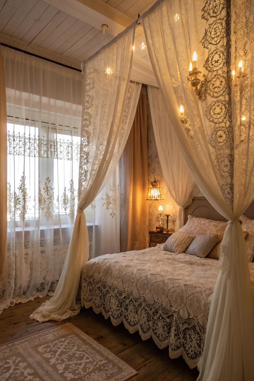 Lace and silk curtains evoke a romantic and serene mood.
