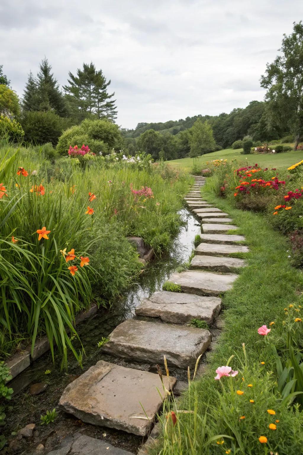 Stepping stones convert a practical drainage swale into an enchanting garden path.