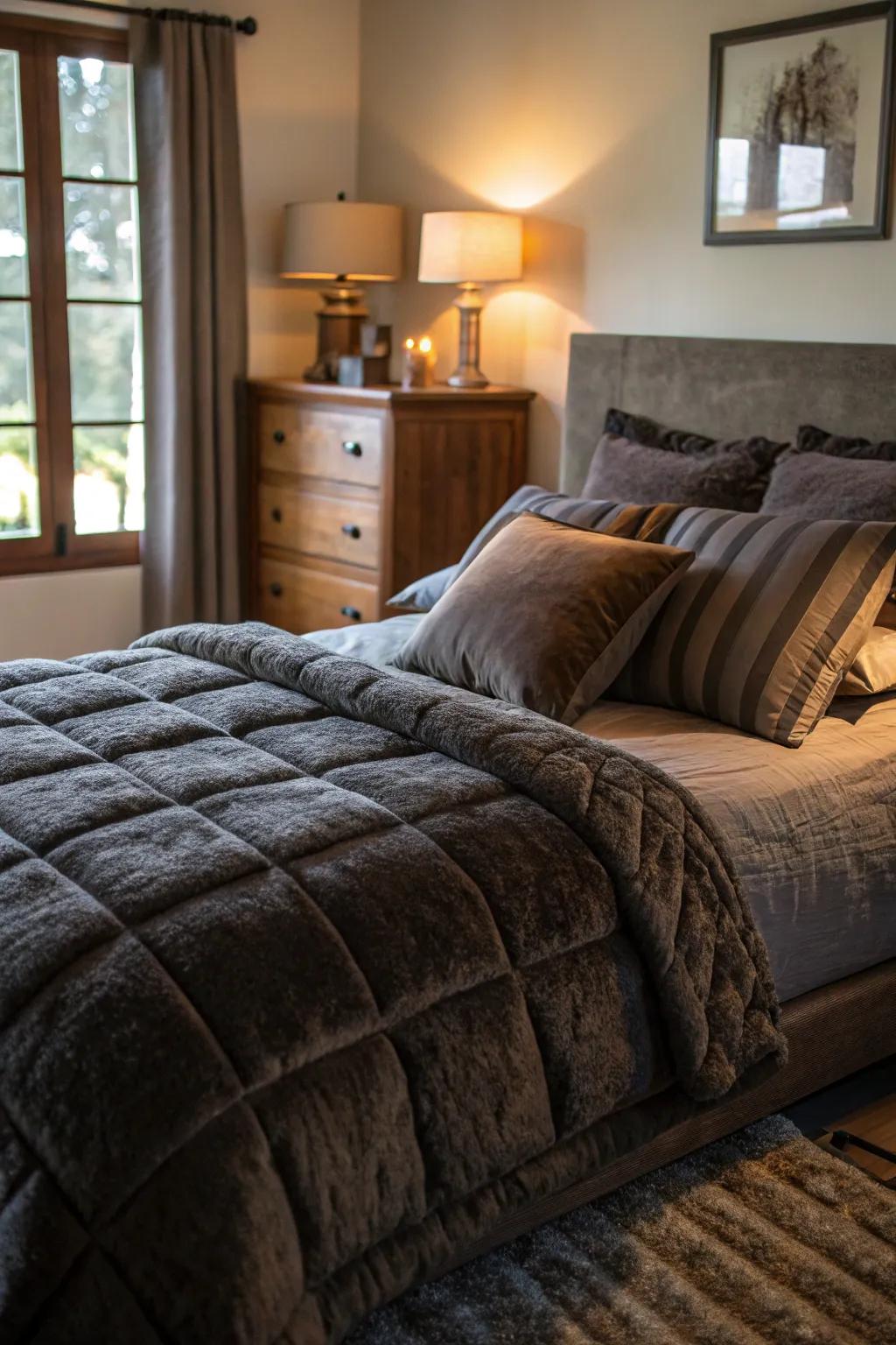 Plush bedding in opulent shades encourages warmth and comfort.