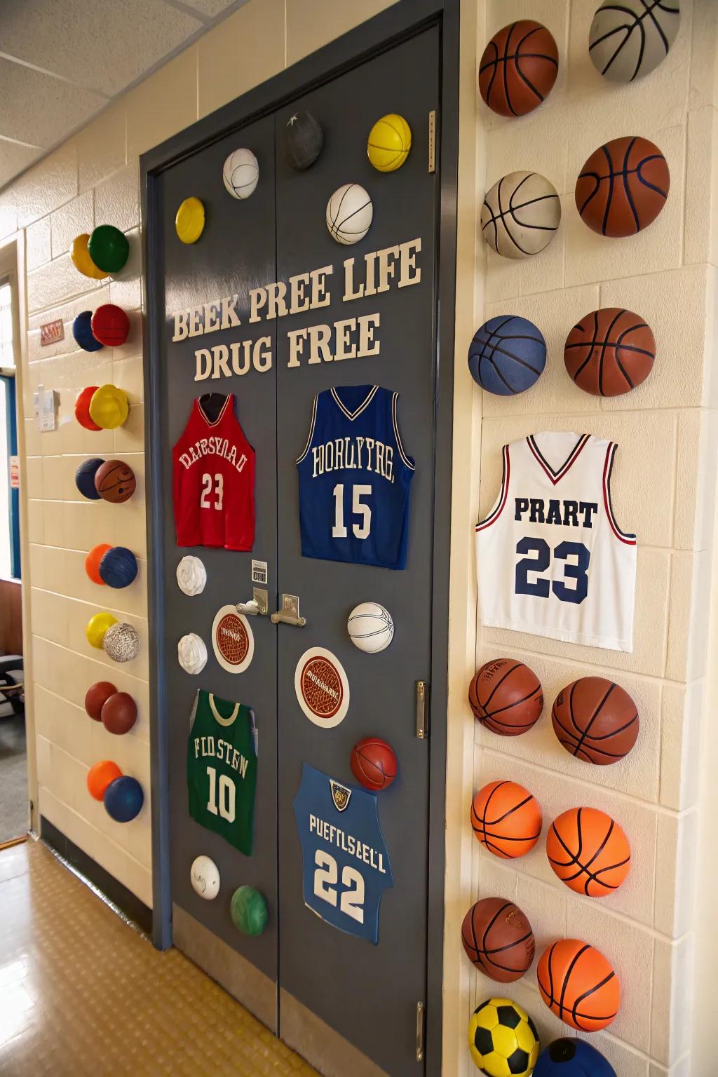 A sports-themed entrance decor promoting a substance-free life.