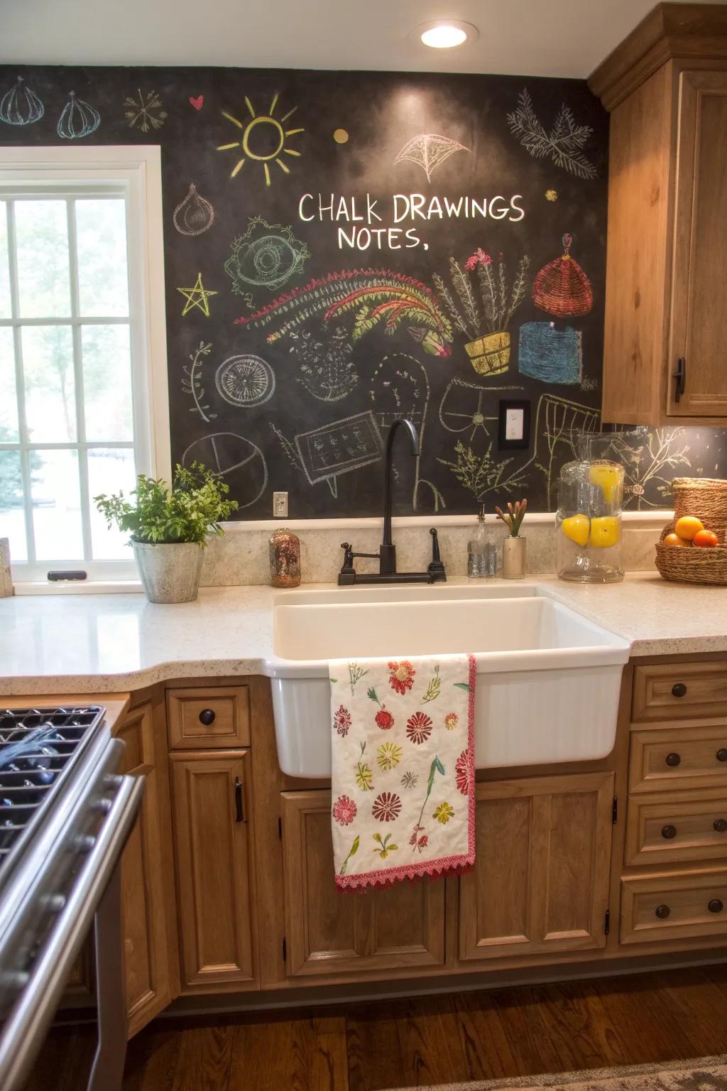 A whimsical chalkboard backing adds enjoyment to a washstand.