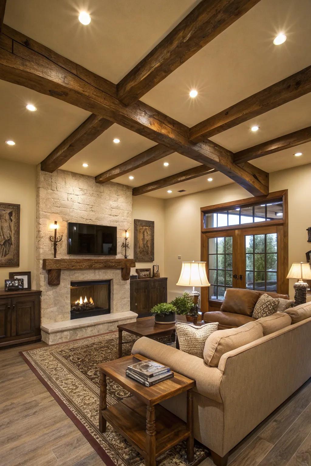 Texture and warmth are provided by wooden ceiling accents.