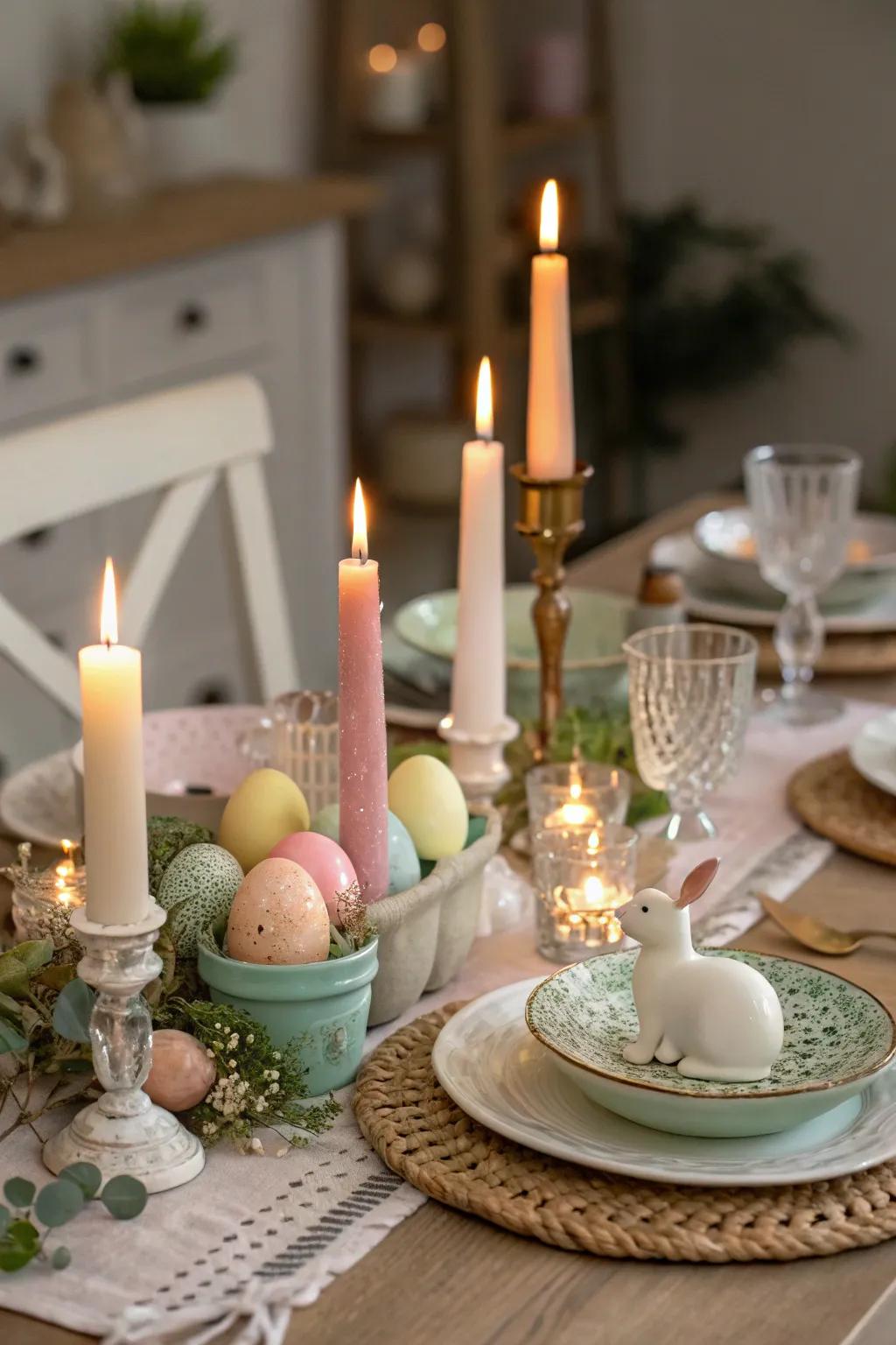 Candlelight enhances the Easter table setting with both warmth and appeal.