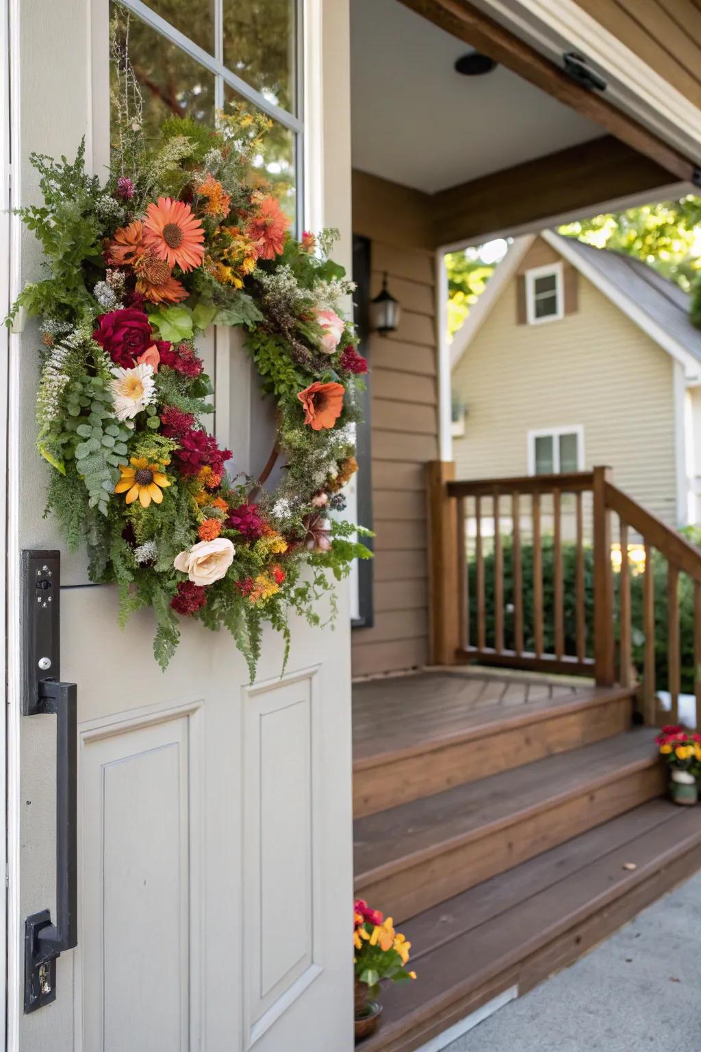 Floral wreaths foster a welcoming threshold.