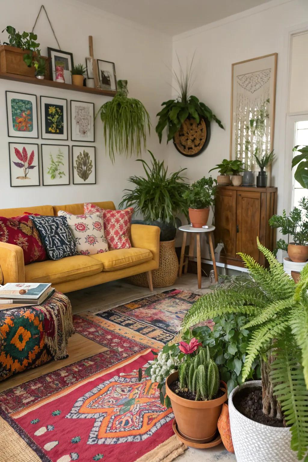 A variety of indoor greenery enlivens this eclectic living area.
