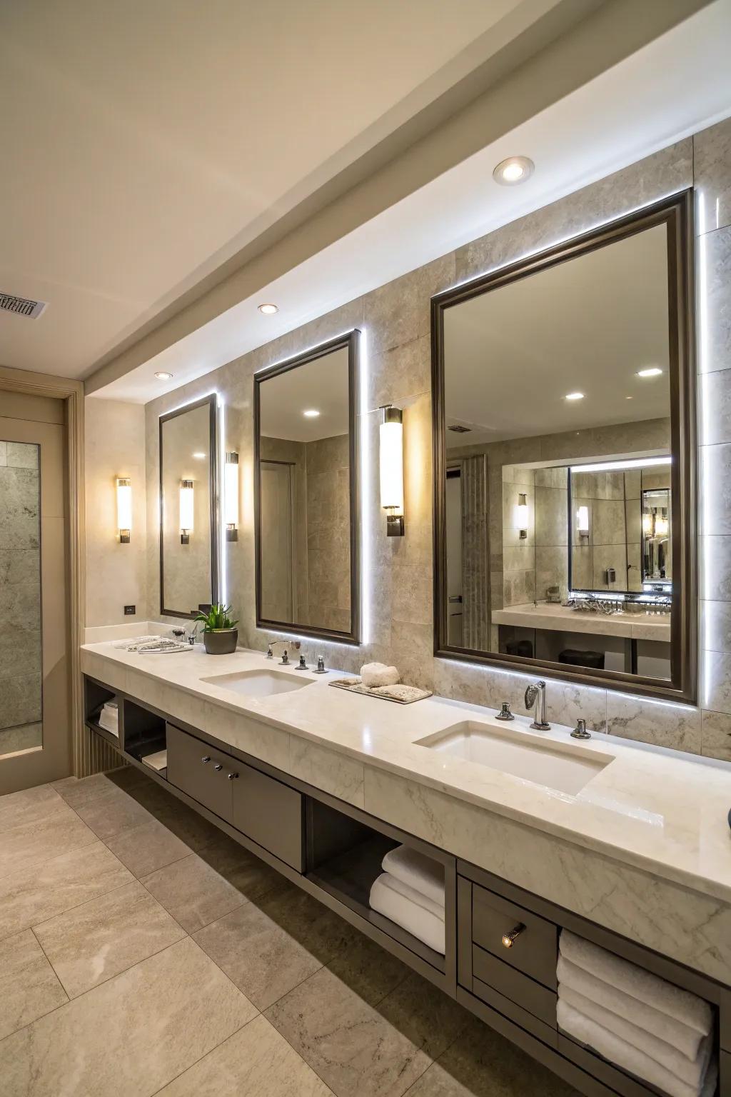 Expansive reflection pieces amplify light and spatial feel within this exquisitely designed bathing area.