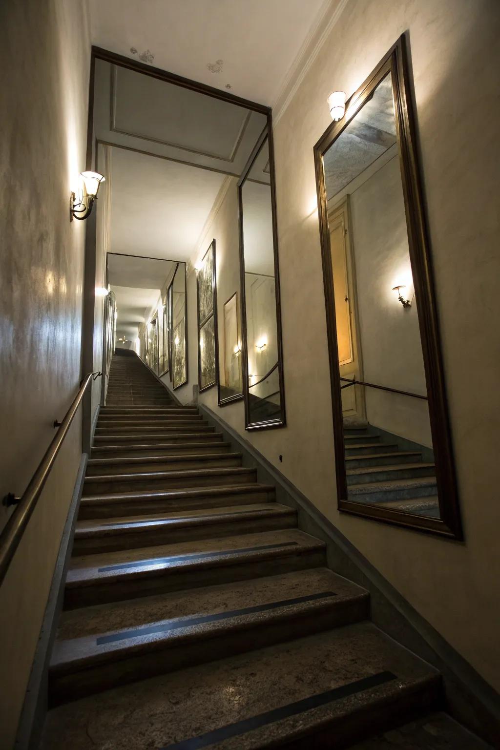 Mirrors create the perception of increased space in enclosed stairwells.