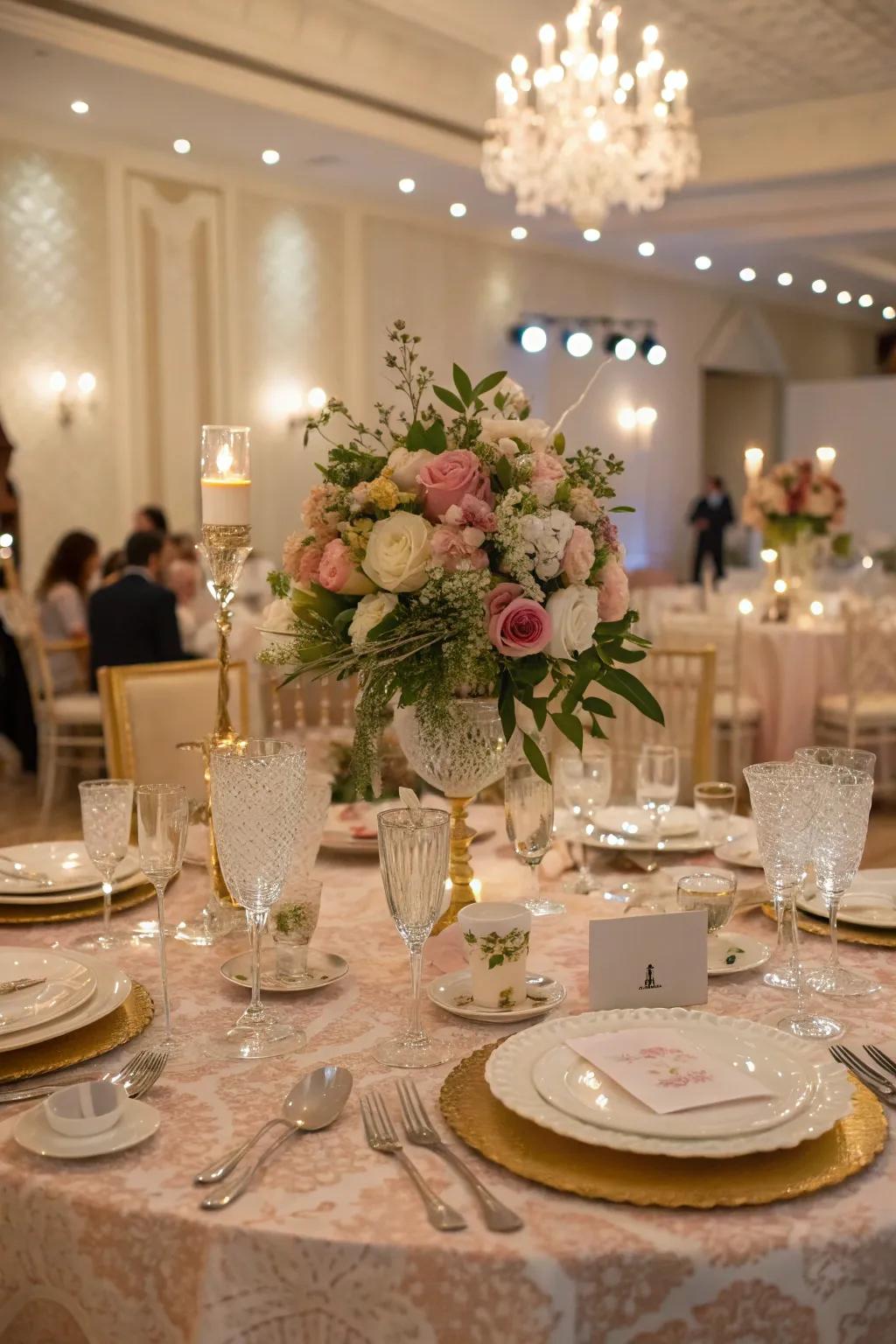 An elegant table presentation with a floral centerpiece.