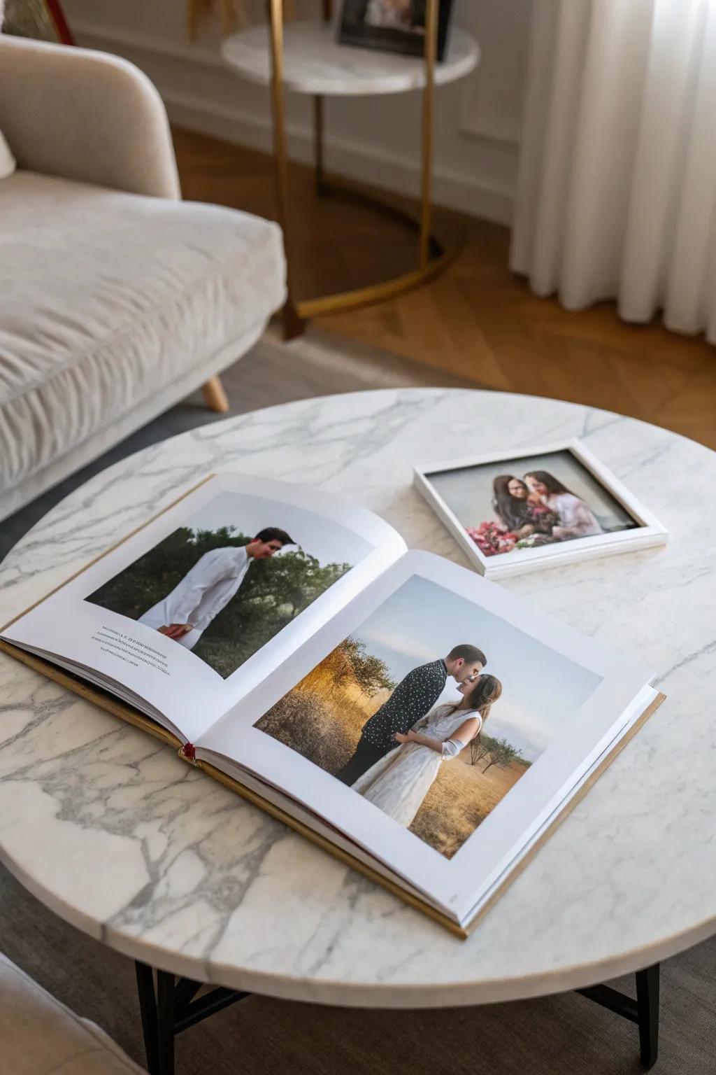 A streamlined design elevates the sophistication of an engagement photo compilation.