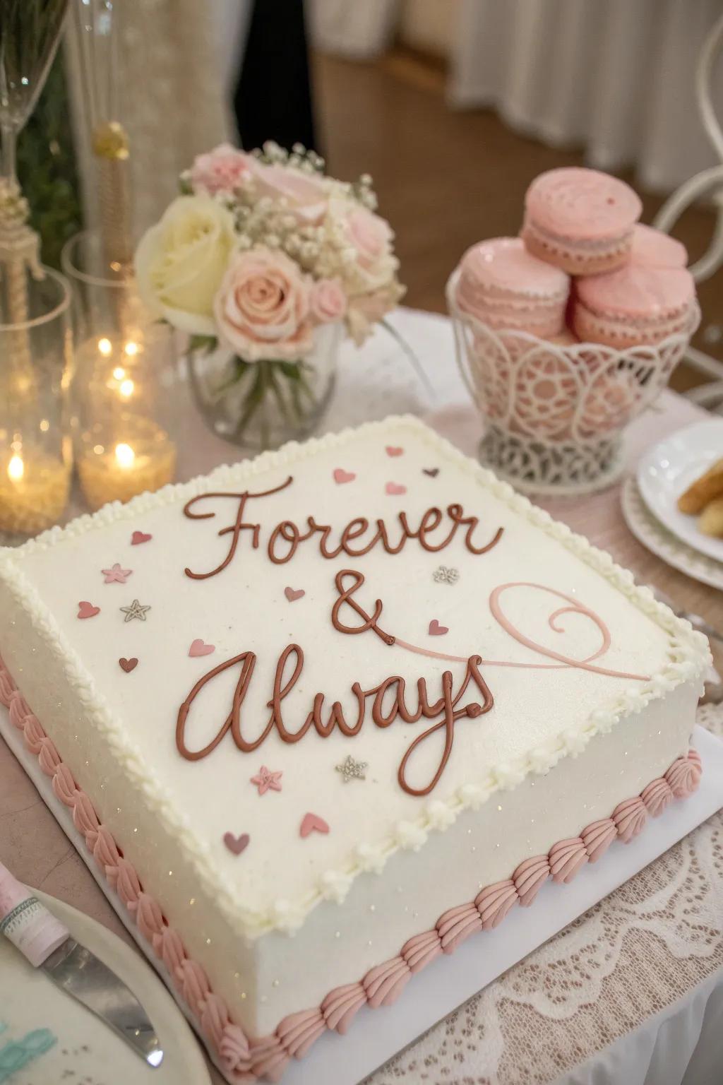 An engagement sheet cake featuring a heartfelt message.