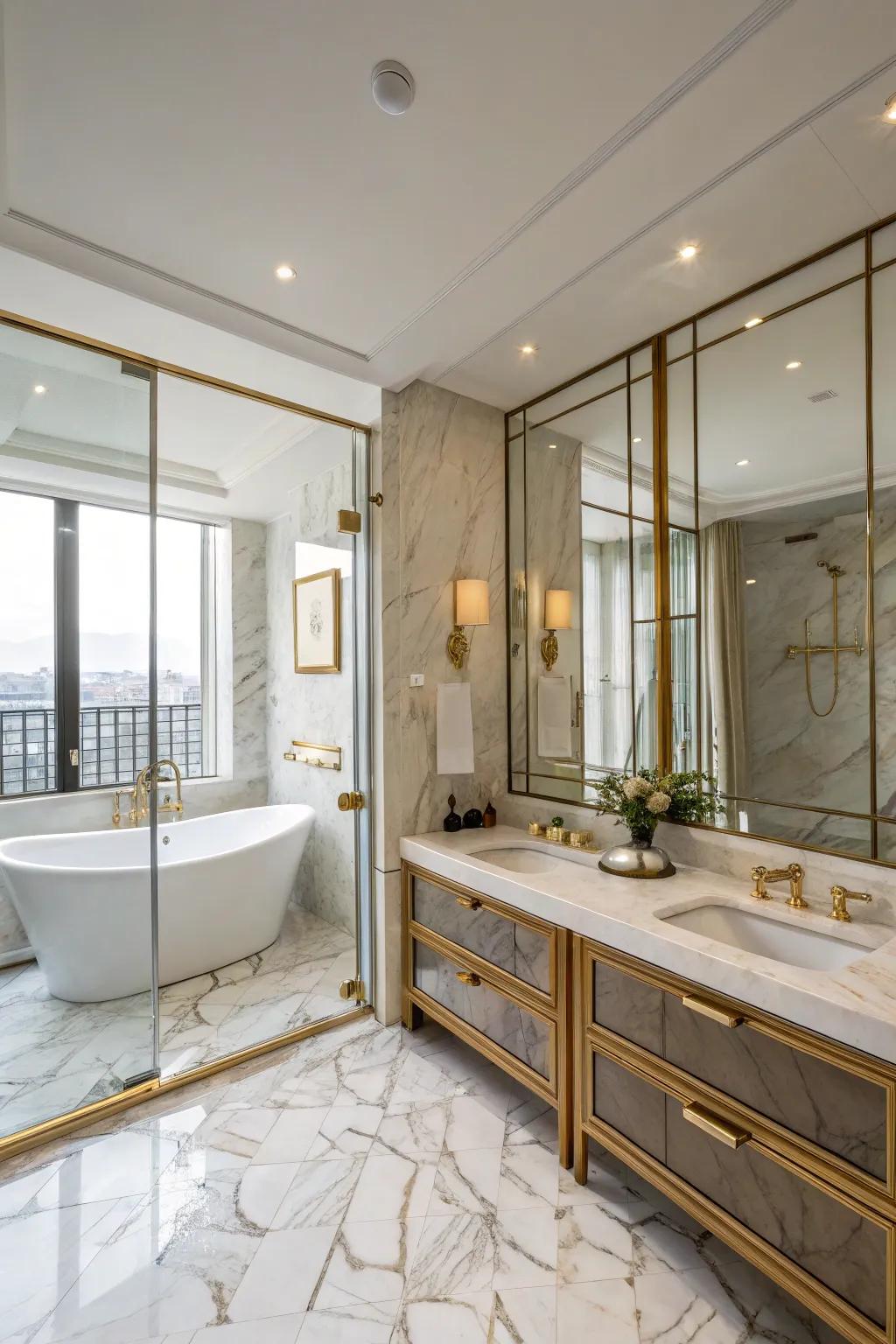 Luxury details like marble and brass elevate the bathroom's elegance.