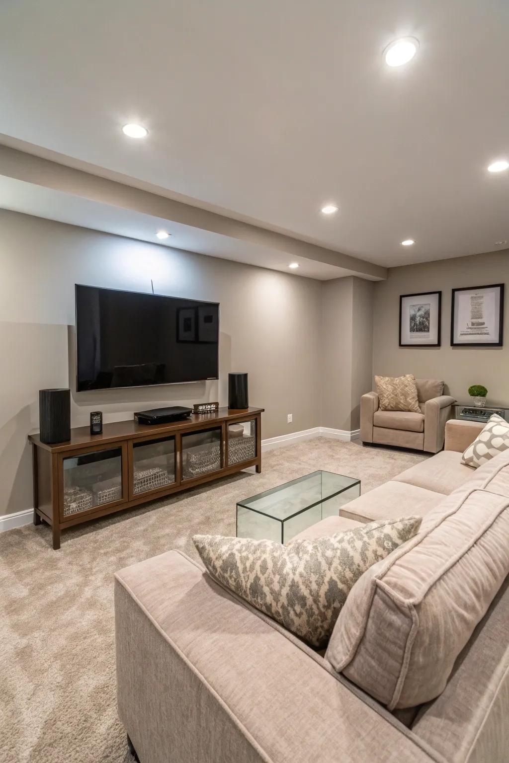 Embrace minimalist design with a sleek and sophisticated entertainment space.