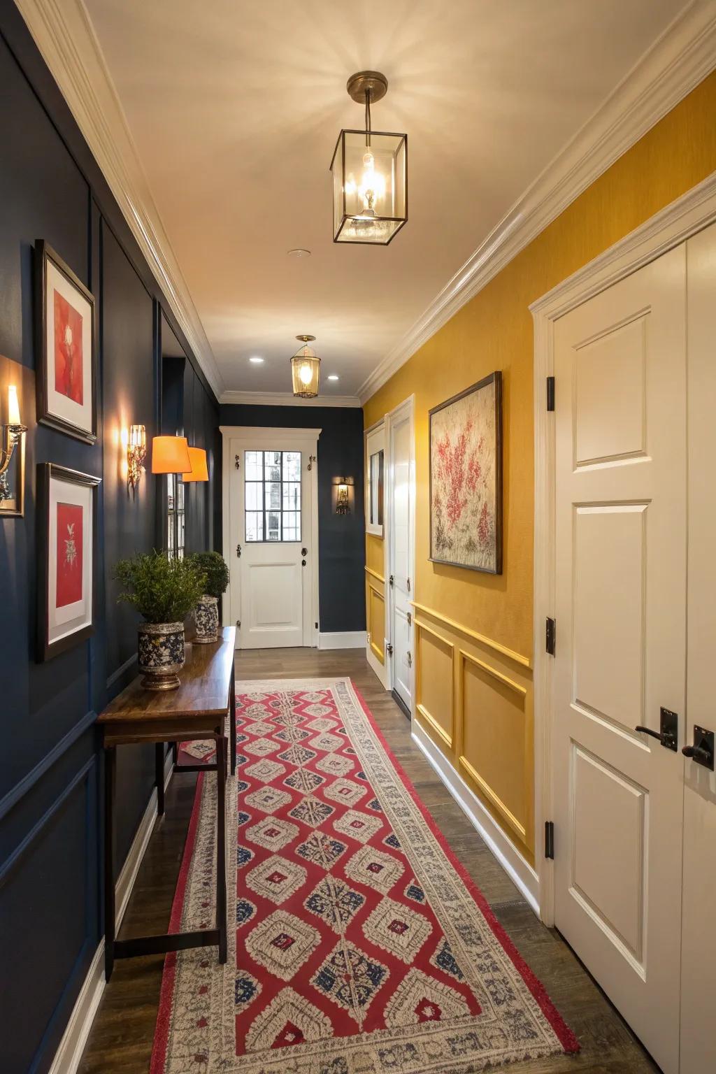 Neutral walls combined with bold accents fashion a harmonious entry hallway.
