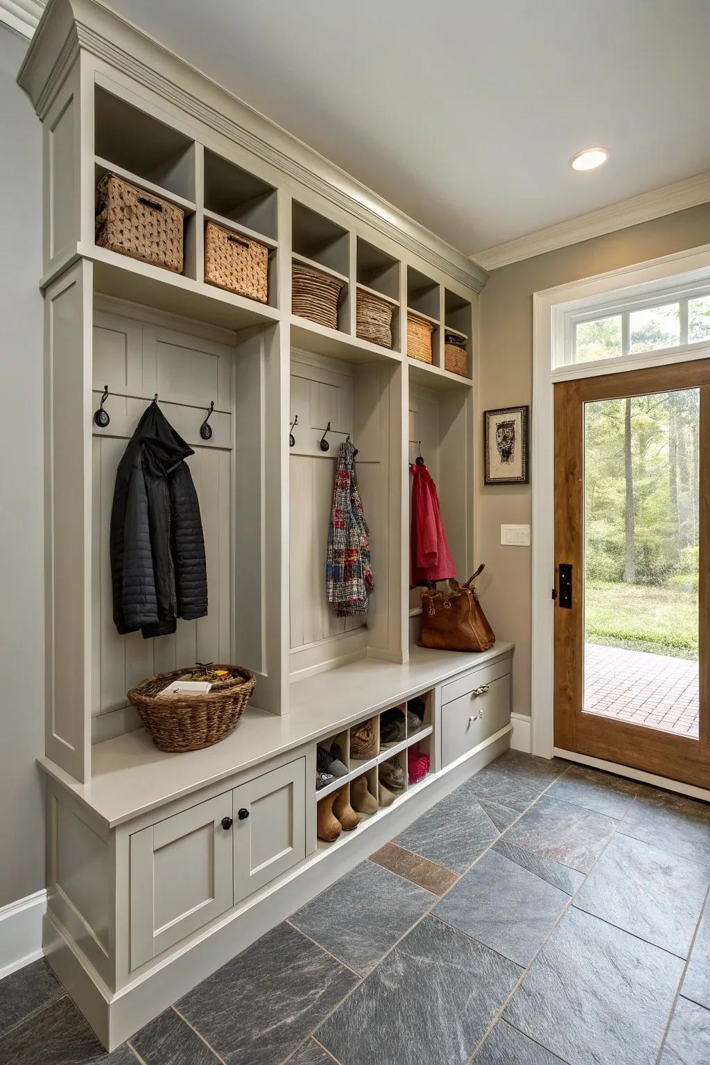 Multifunctional cabinets provide storage solutions while saving space.