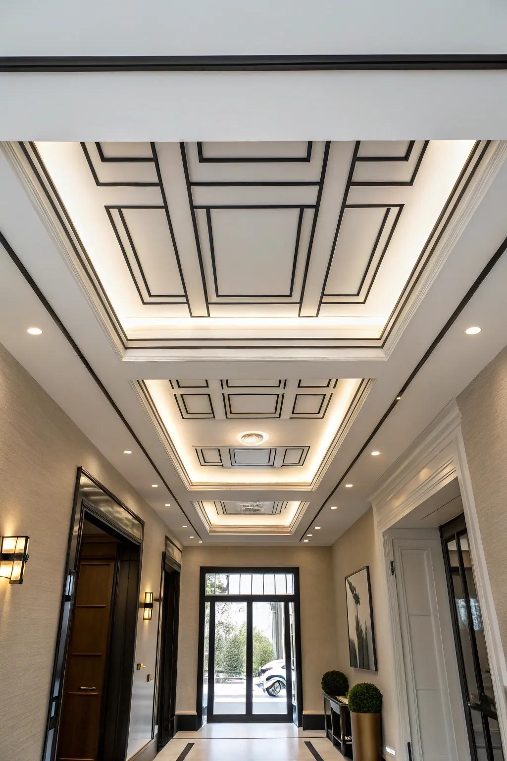 Understated designs present a pristine and contemporary entryway overhead.