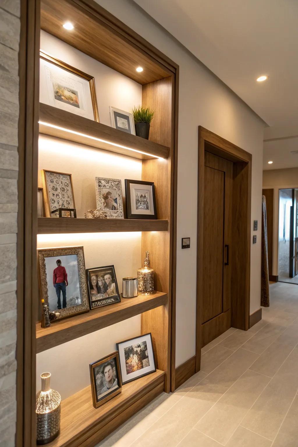 Shelving enriches dimension and display capacity to this entryway niche.