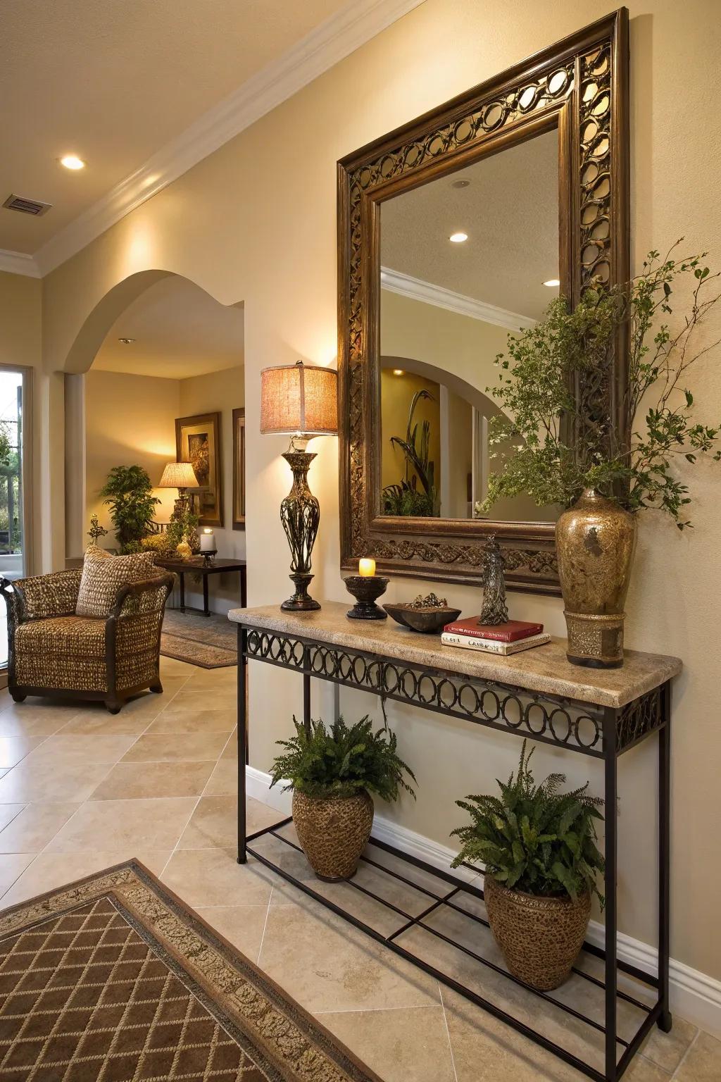 A looking glass imparts both panache and function to the entryway.