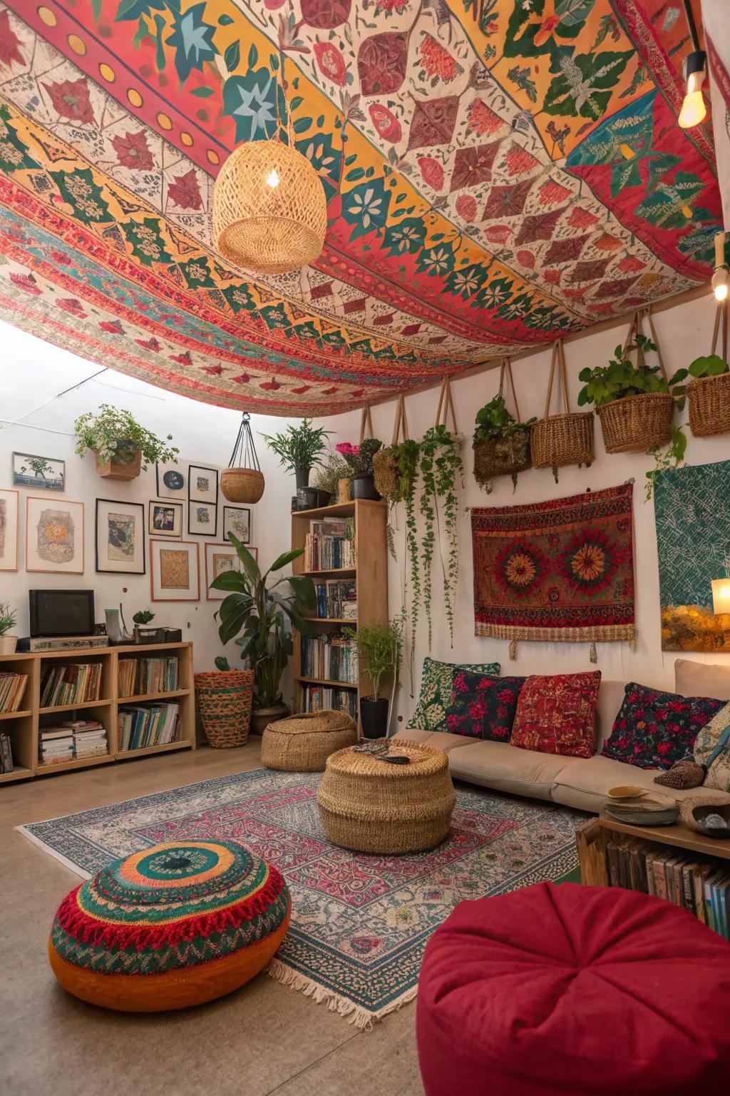 Infuse bohemian elegance using a designed textile ceiling.