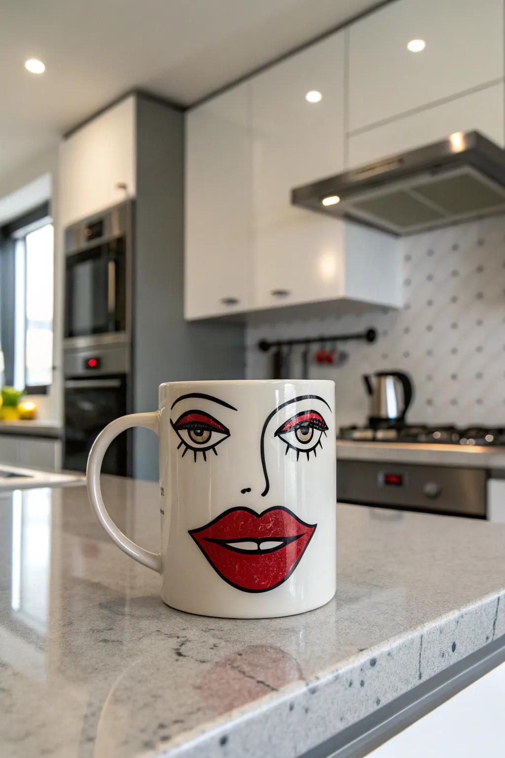 A quirky face mug featuring oversized lips for a fun, unconventional look.