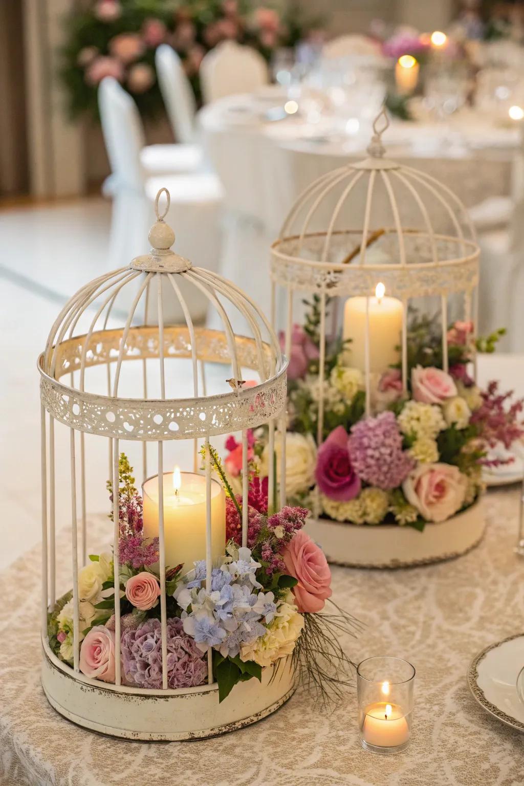 Ornate cages packed with blooms and lights present a creative touch to this fall wedding scene.