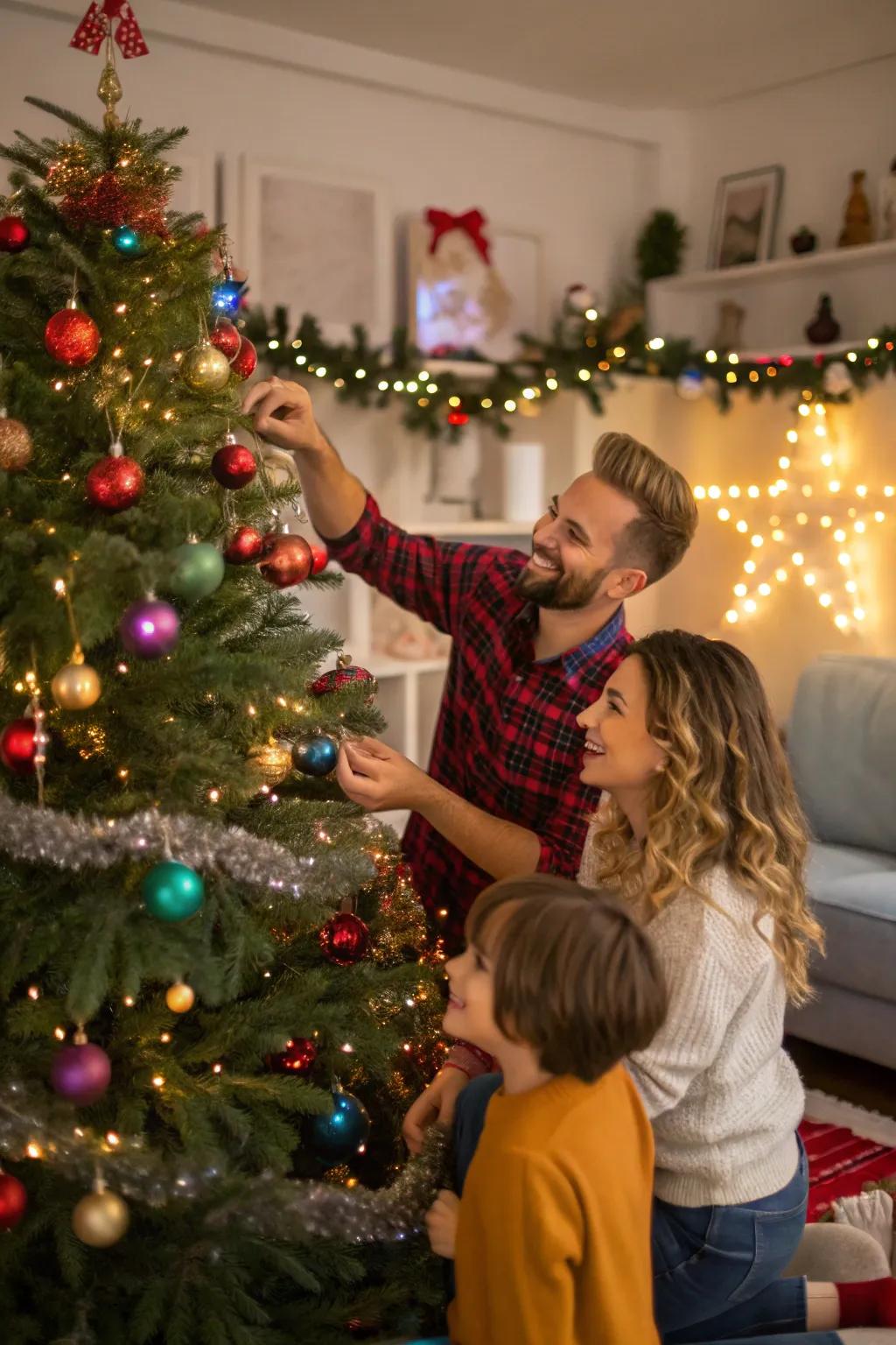 Capture the delight of adorning the Christmas tree as a family.