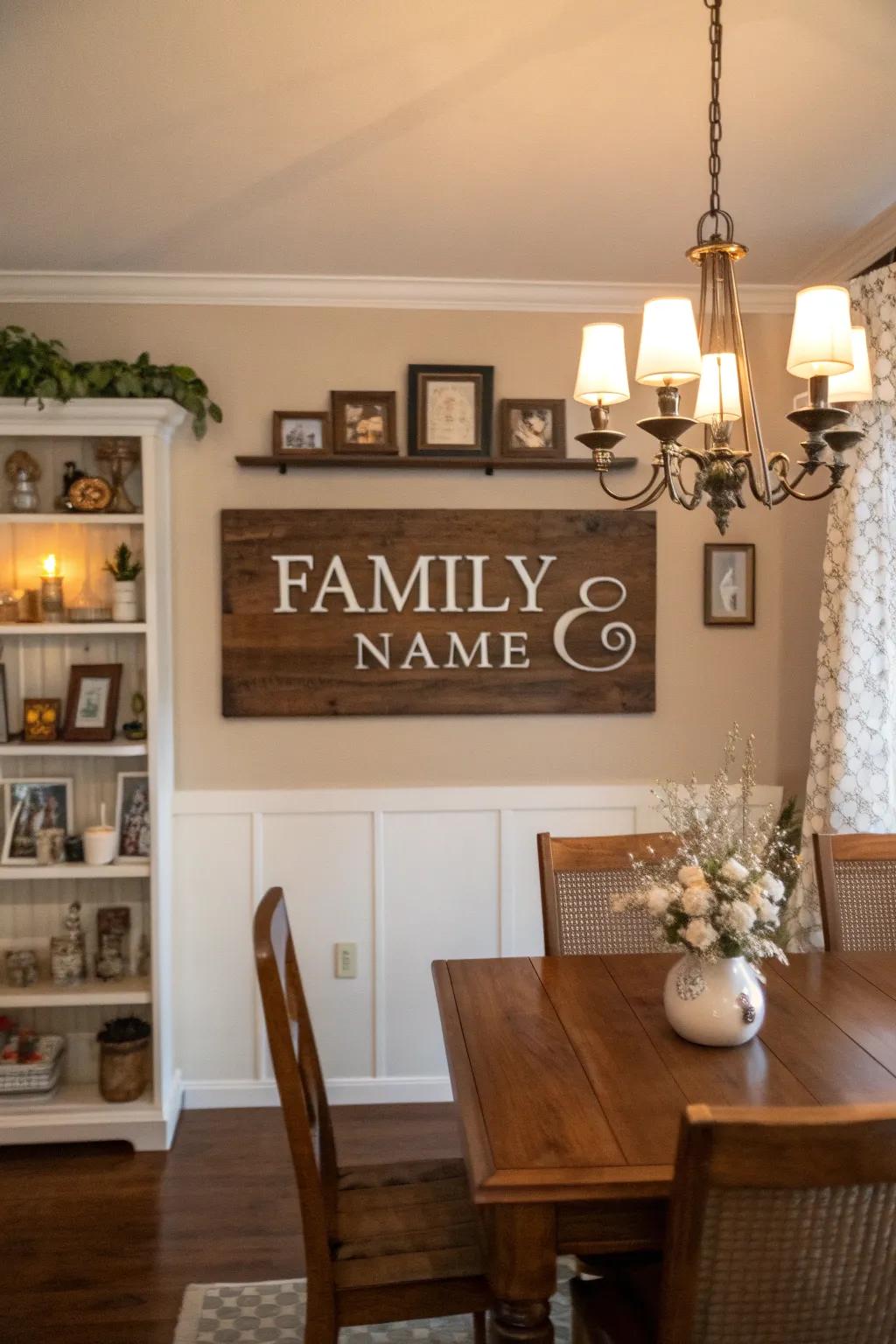 A surname display with a founding date, ideally suited to a dining area setting.