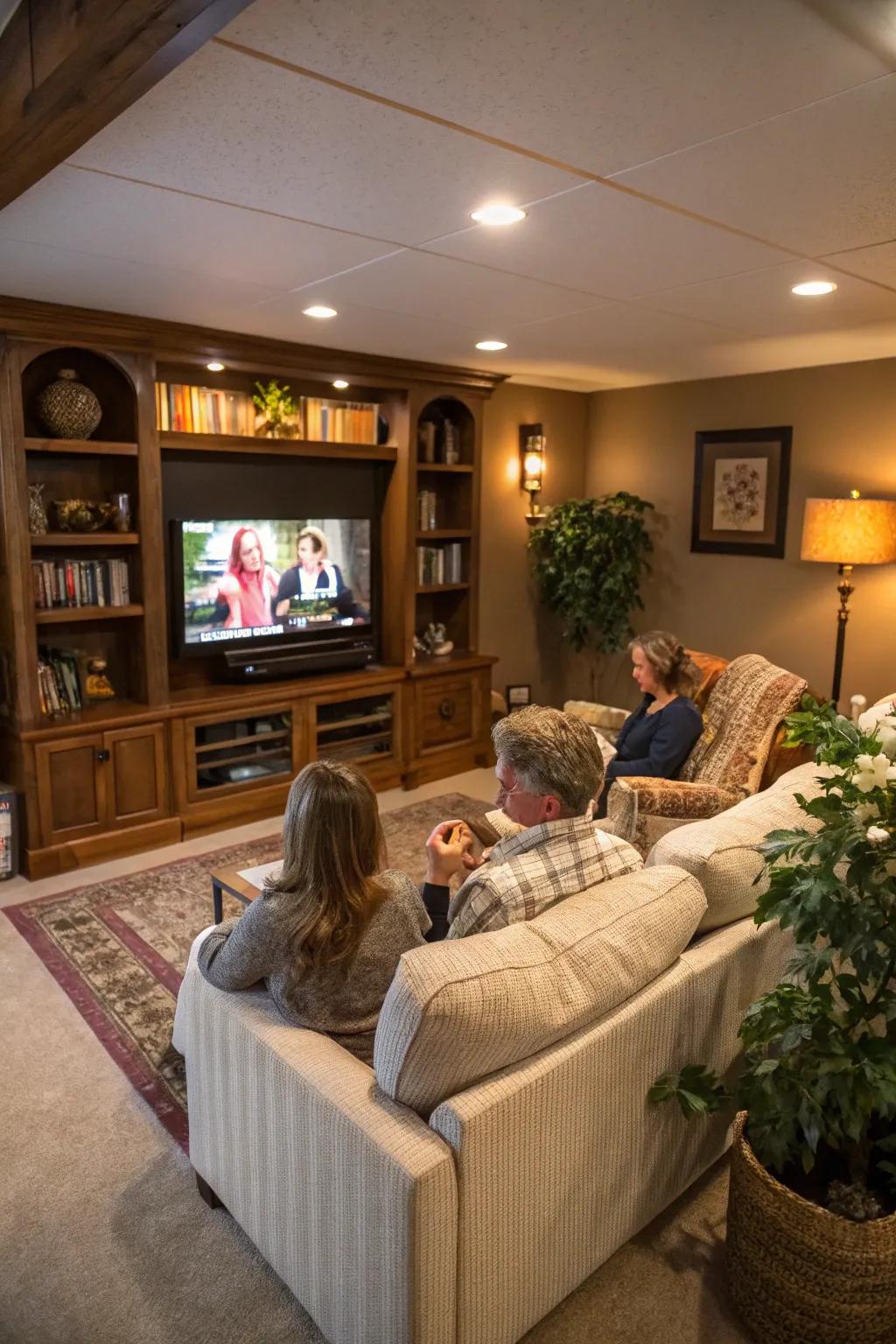 Comfortable seating is arranged for both TV viewing and conversation.