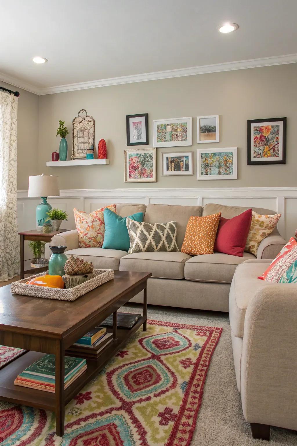 A family room brightened with vibrant highlights.