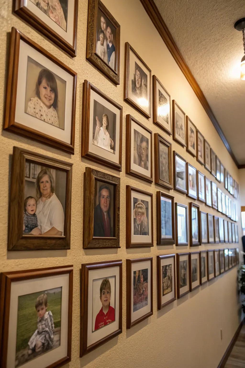 A symmetrical arrangement of family photographs fashioning a harmonious display.
