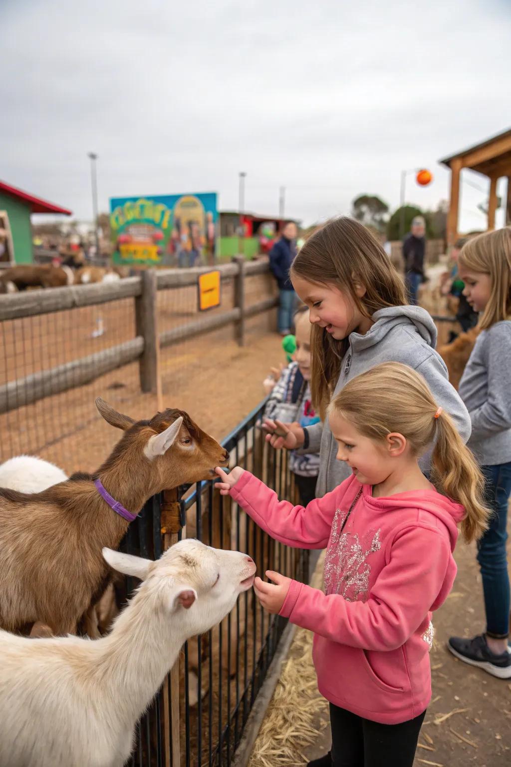 A petting menagerie encompassing sheep and goats extends tangible enjoyment for participants spanning all age brackets.