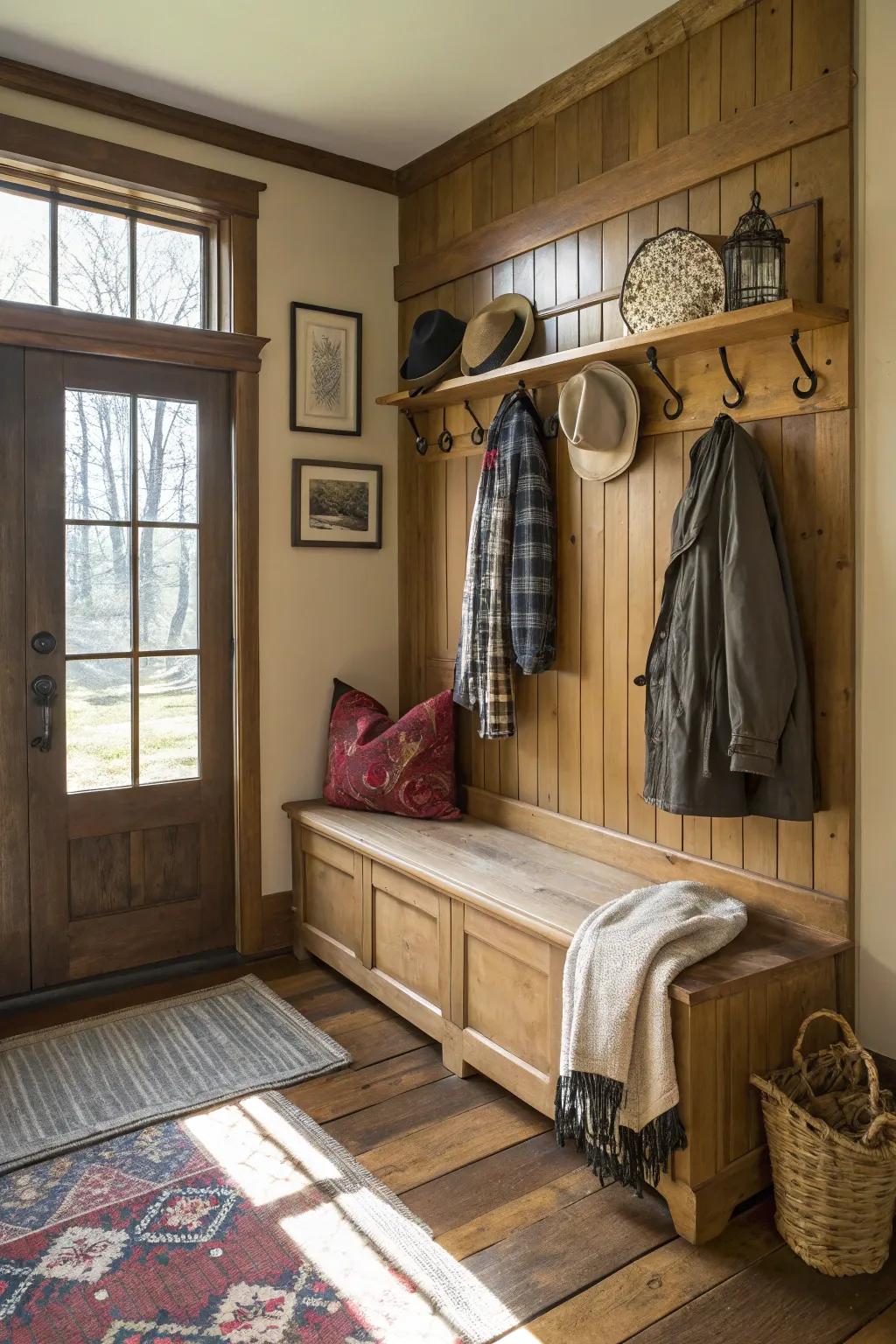 Integrated hooks above a bench deliver a functional and fashionable element.