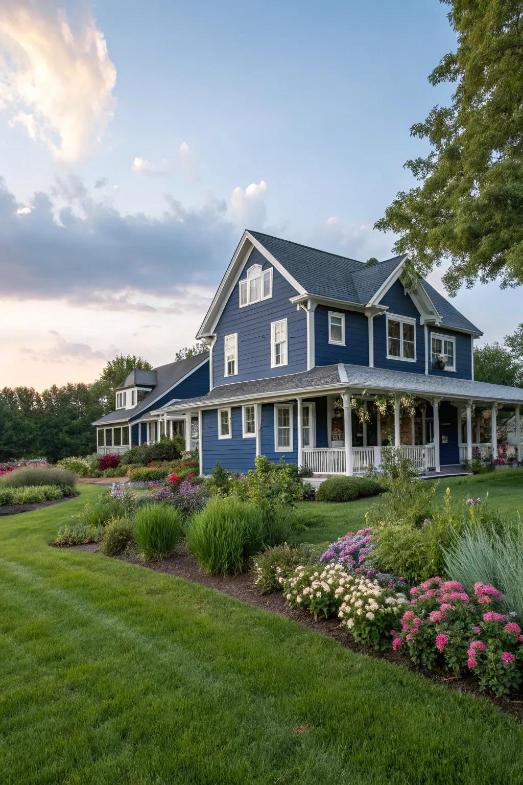 A navy blue farmhouse facade that’s simultaneously audacious and timeless.