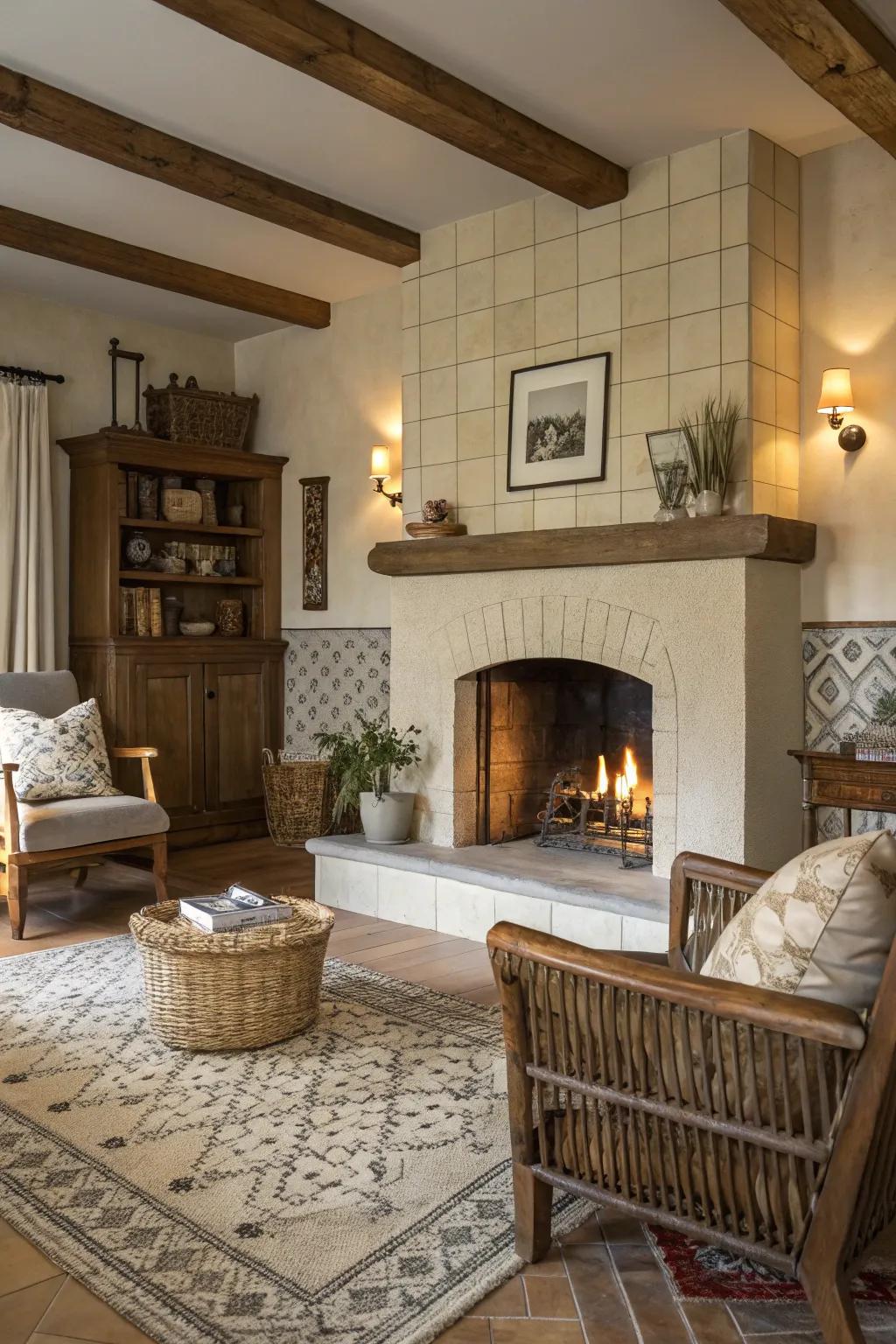 Subdued tiles creating a serene ambiance around a farmhouse fireplace.
