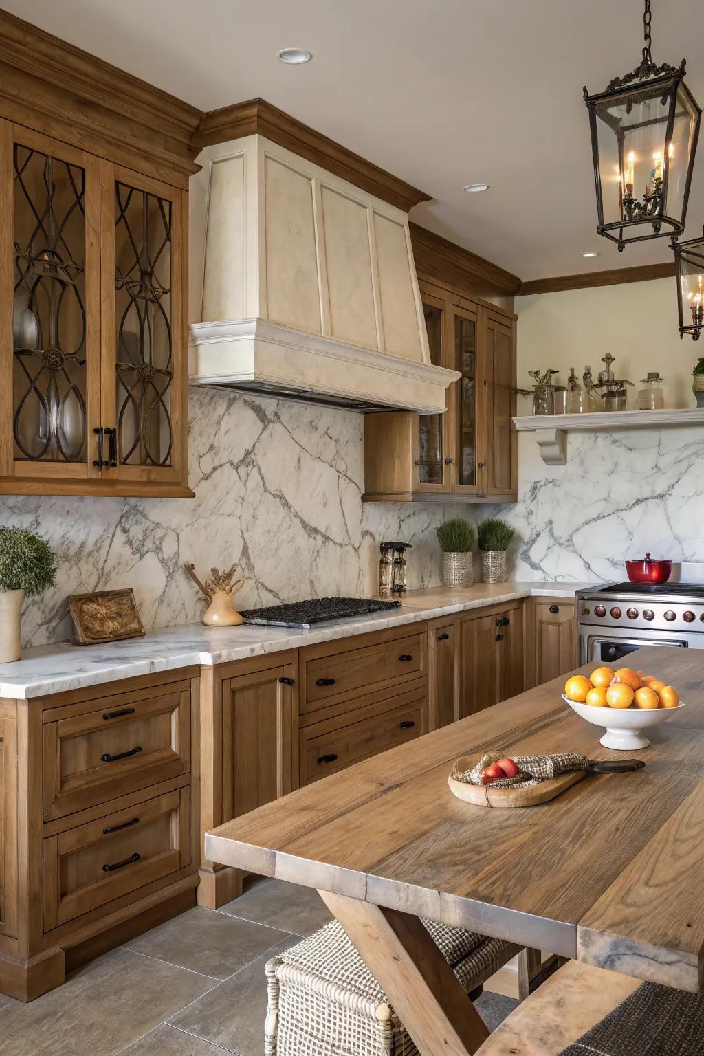 A country-style kitchen featuring an elegant marble backsplash.