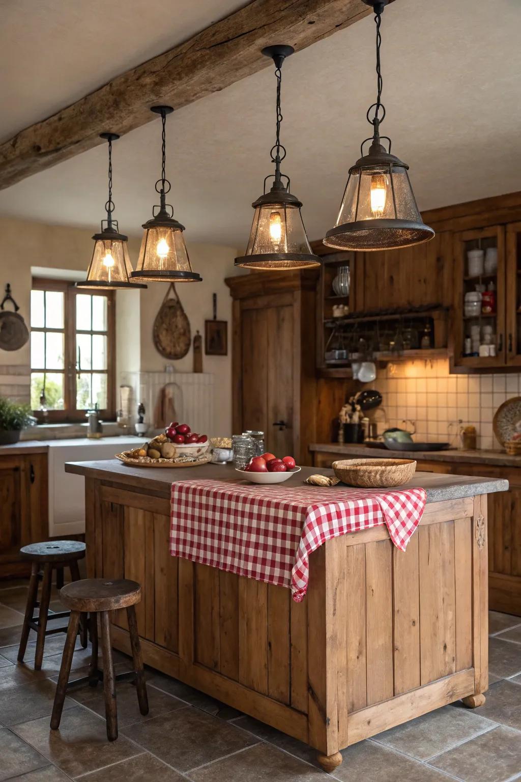 A farmhouse kitchen showcasing period pendant lights suspended above a wooden island.