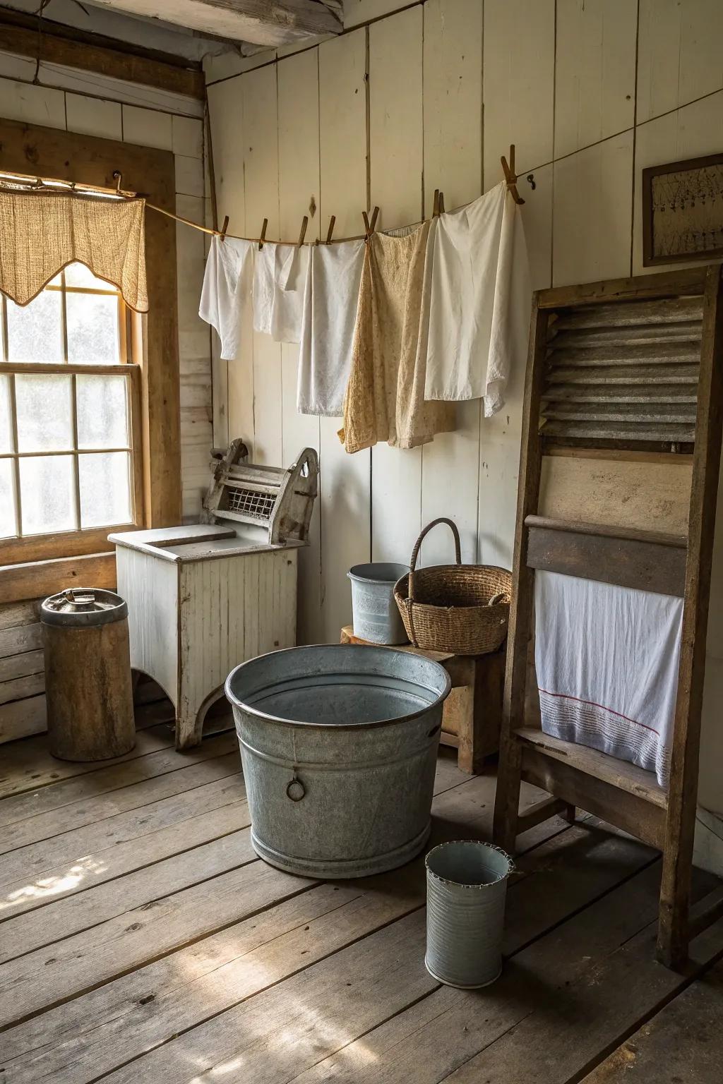 Metallic elements introduce an industrial touch to the countryside charm of this laundry area.