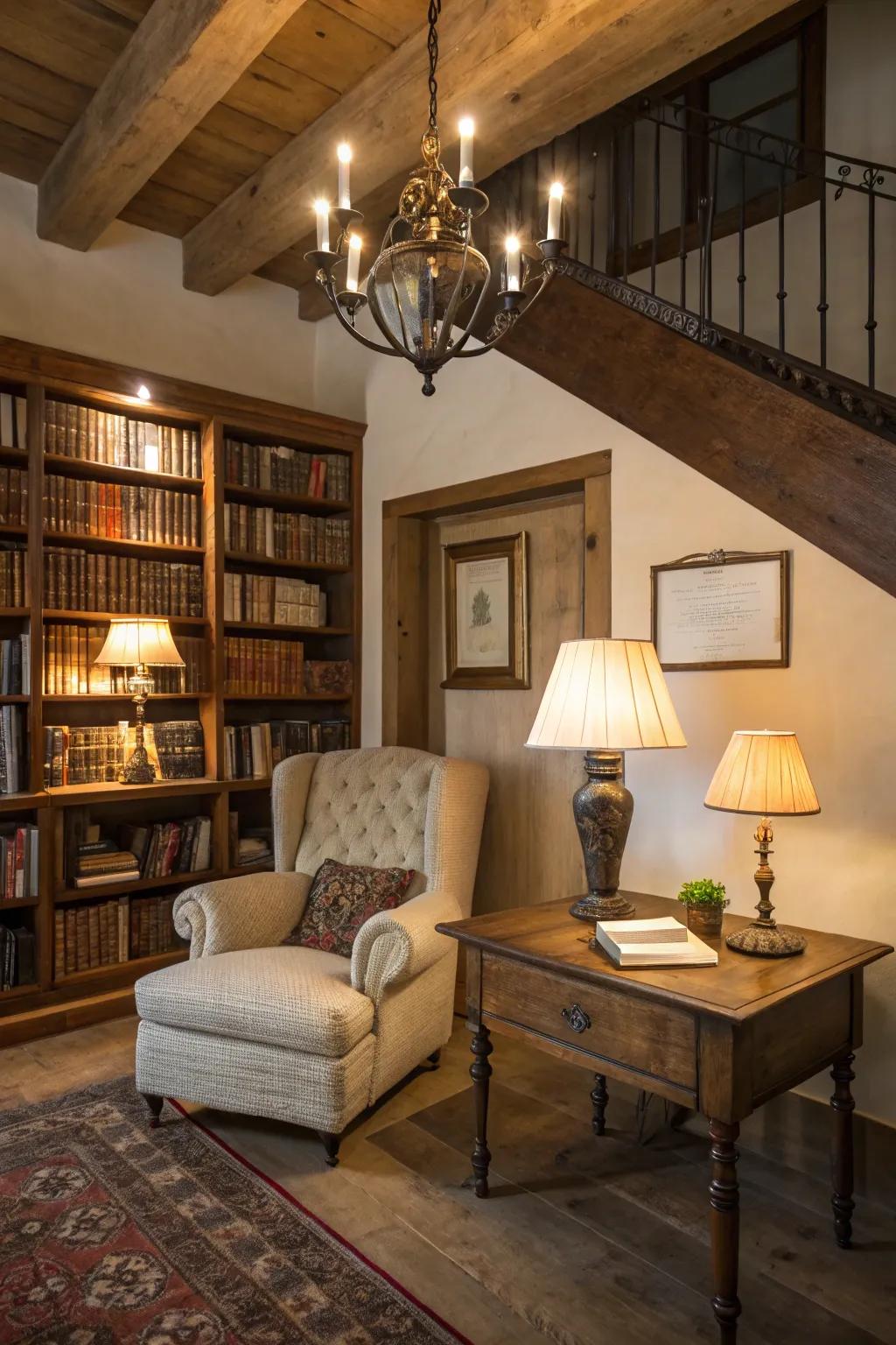 Gentle illumination from lamps and chandeliers establishes an inviting atmosphere.