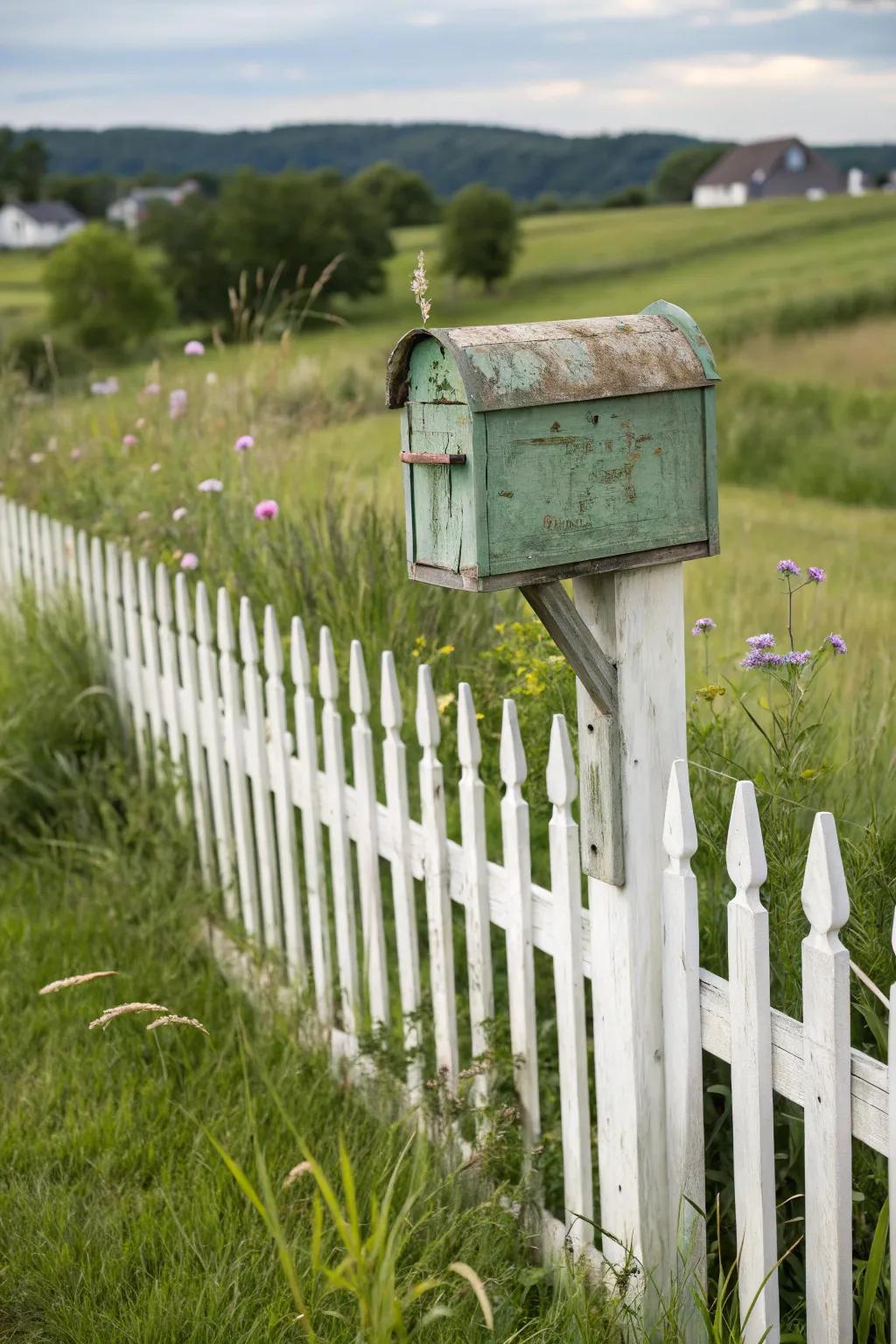 A charming picket fence serves as a delightful stand for this farmhouse mailbox.