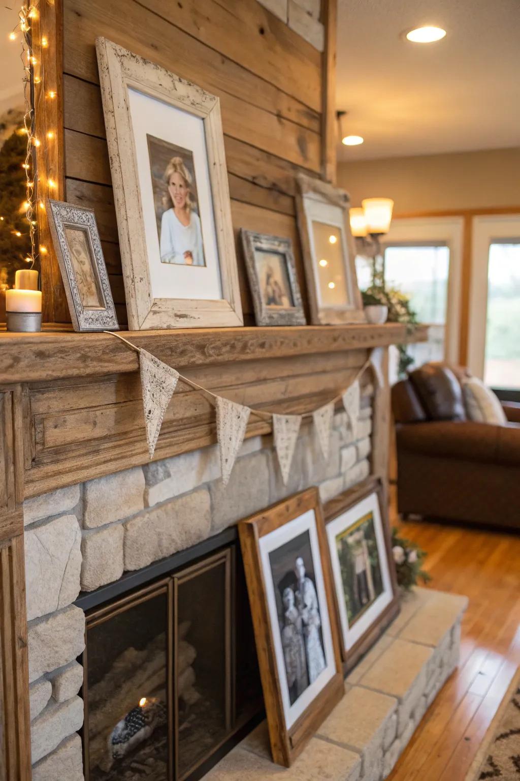 Family portraits introduce a personal and touching aspect to the mantel.