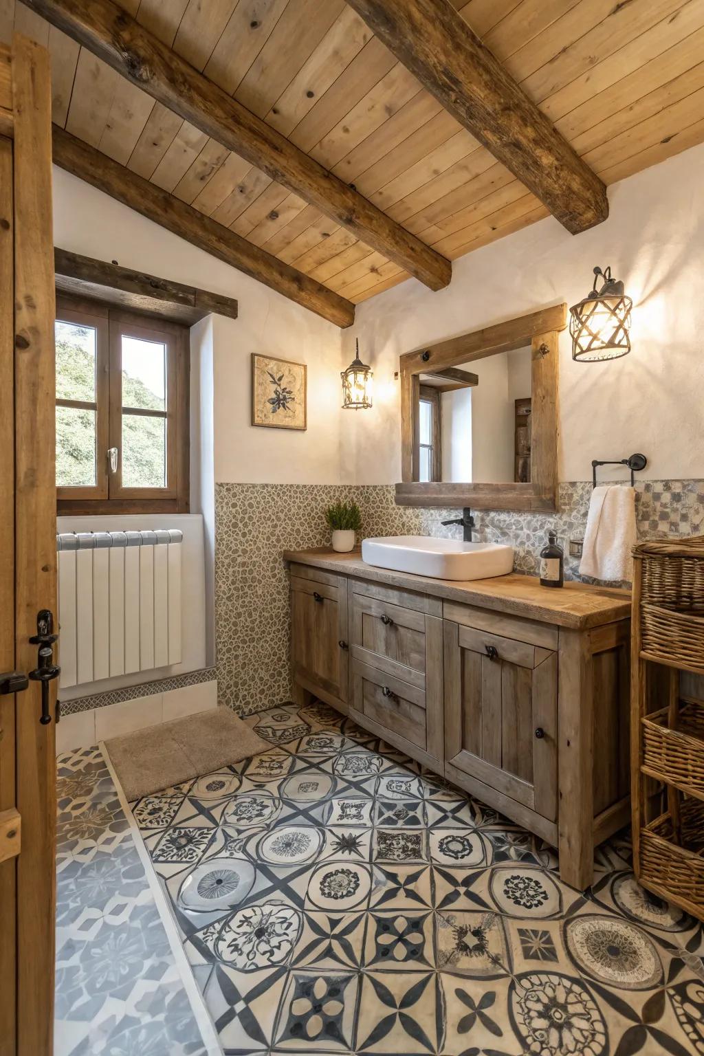 Ornamental tiles inject visual fascination and allure into this snug bathroom.