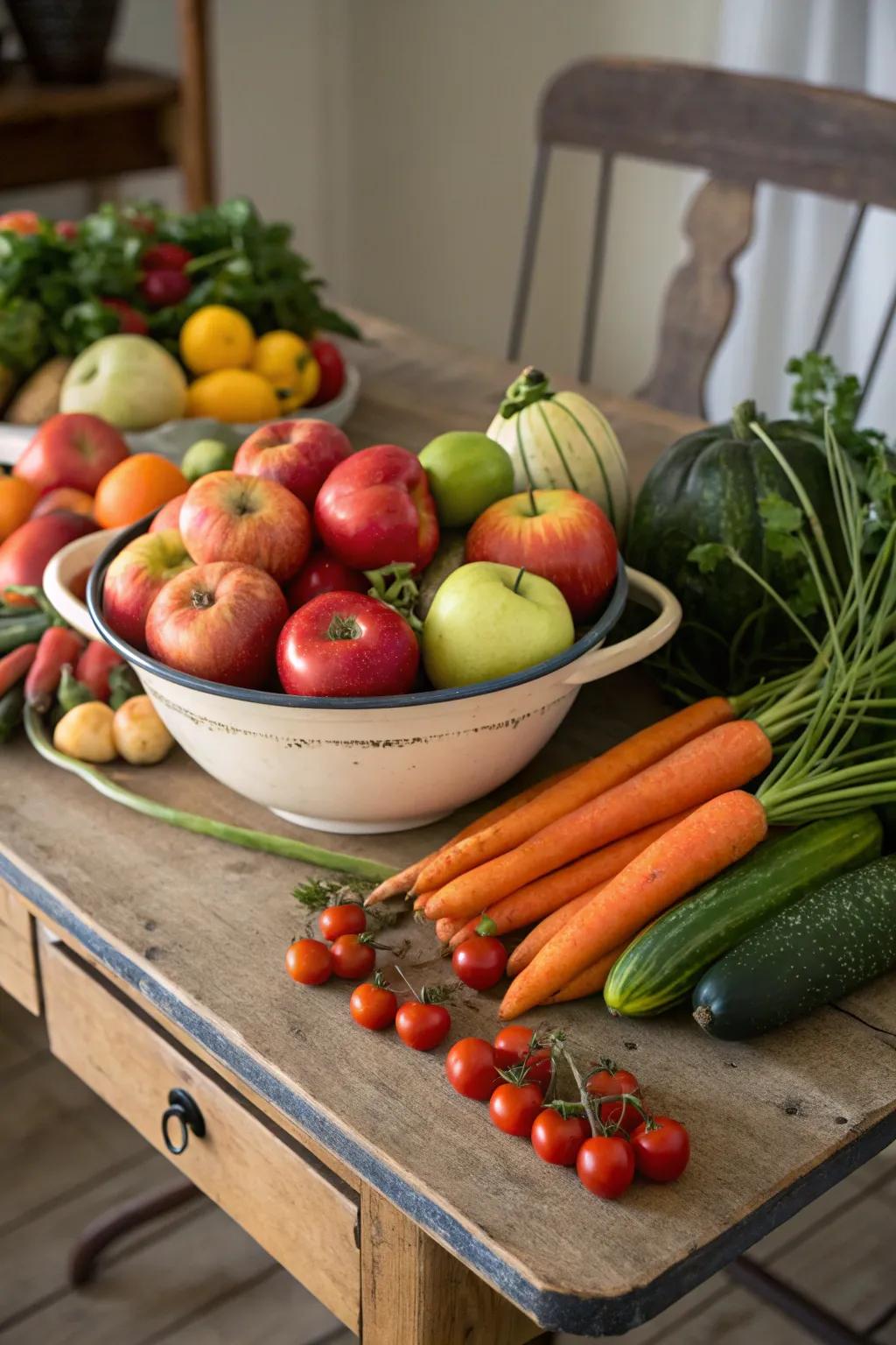 Seasonal fruits and vegetables serve as a rejuvenating and colorful centerpiece alternative.